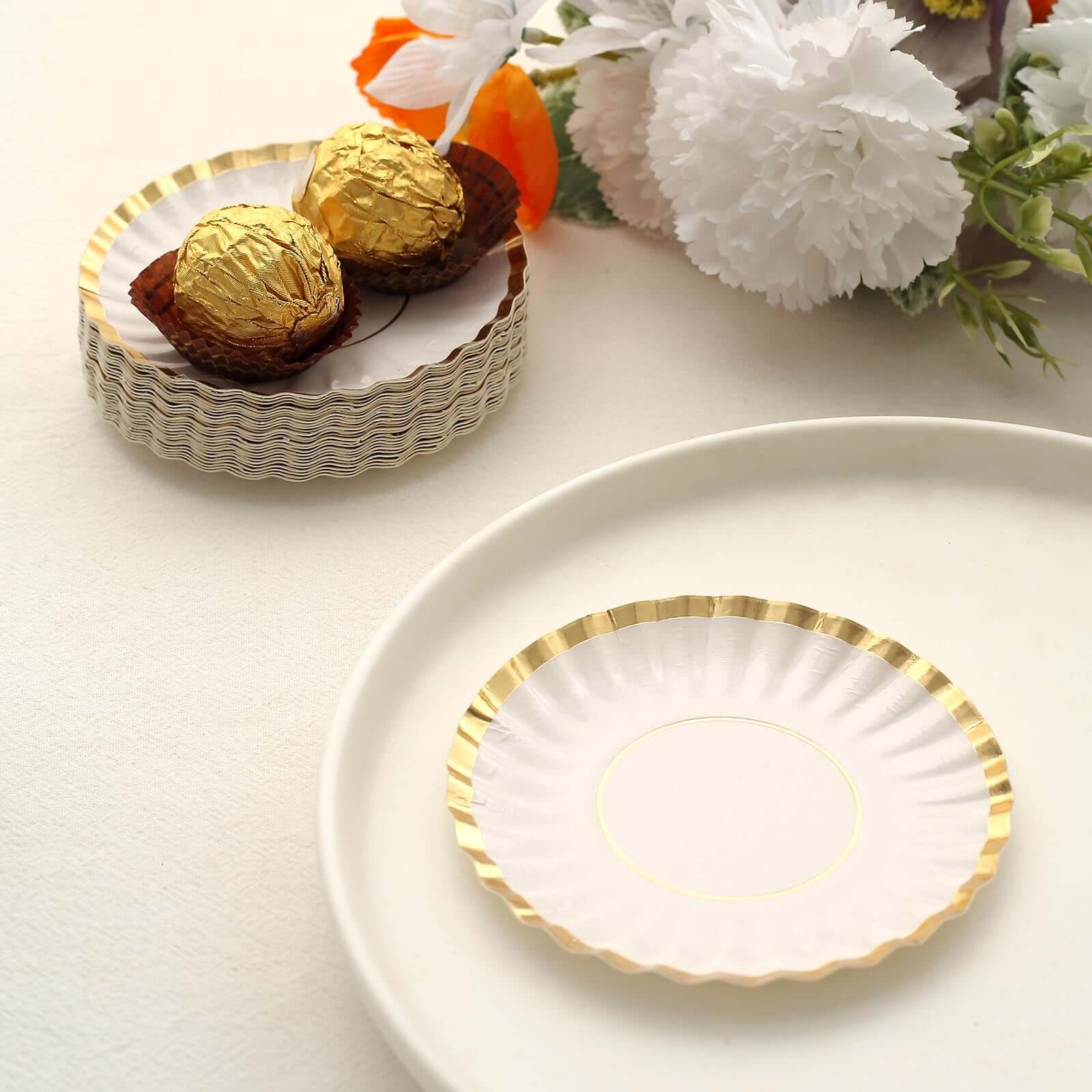 50-Pack Paper Round Party Plates 3.5" White with Gold Scalloped Rim - 250GSM Disposable Mini Dessert Plates for Tapas, Appetizers & Finger Foods - Image 10