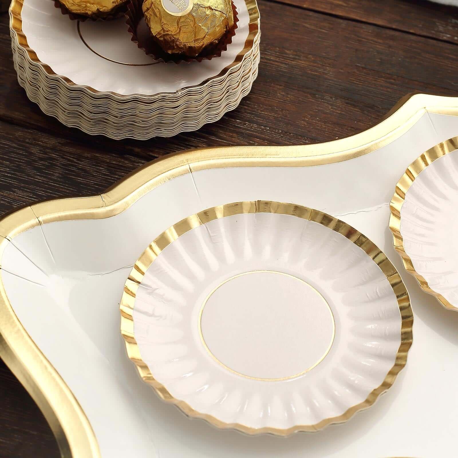 50-Pack Paper Round Party Plates 3.5" White with Gold Scalloped Rim - 250GSM Disposable Mini Dessert Plates for Tapas, Appetizers & Finger Foods - Image 13