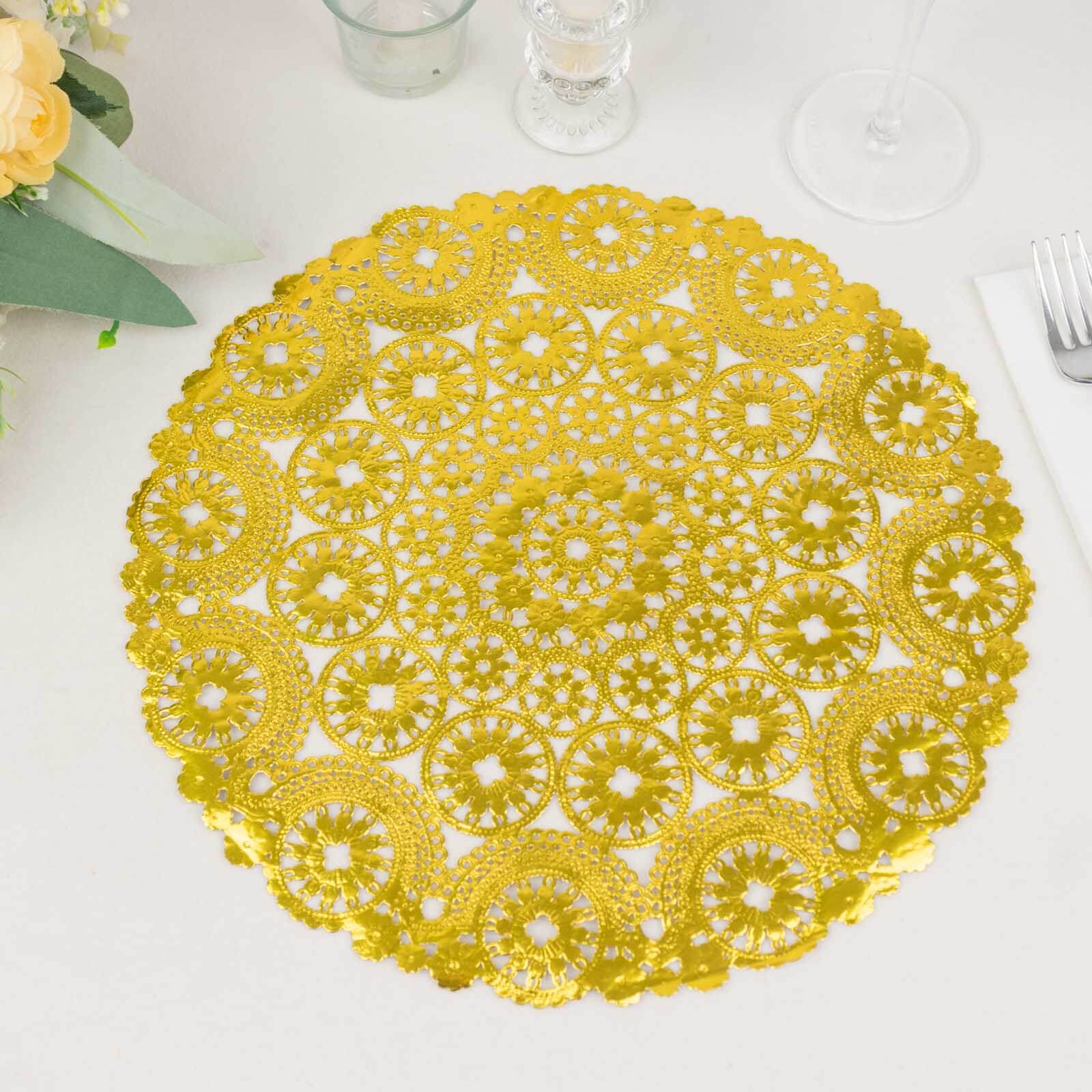 50-Pack Paper Round Placemats 12" Metallic Gold with Medallion Style - 50GSM Disposable Lace Doilies for Desserts, Crafts & Table Decor - Image 4