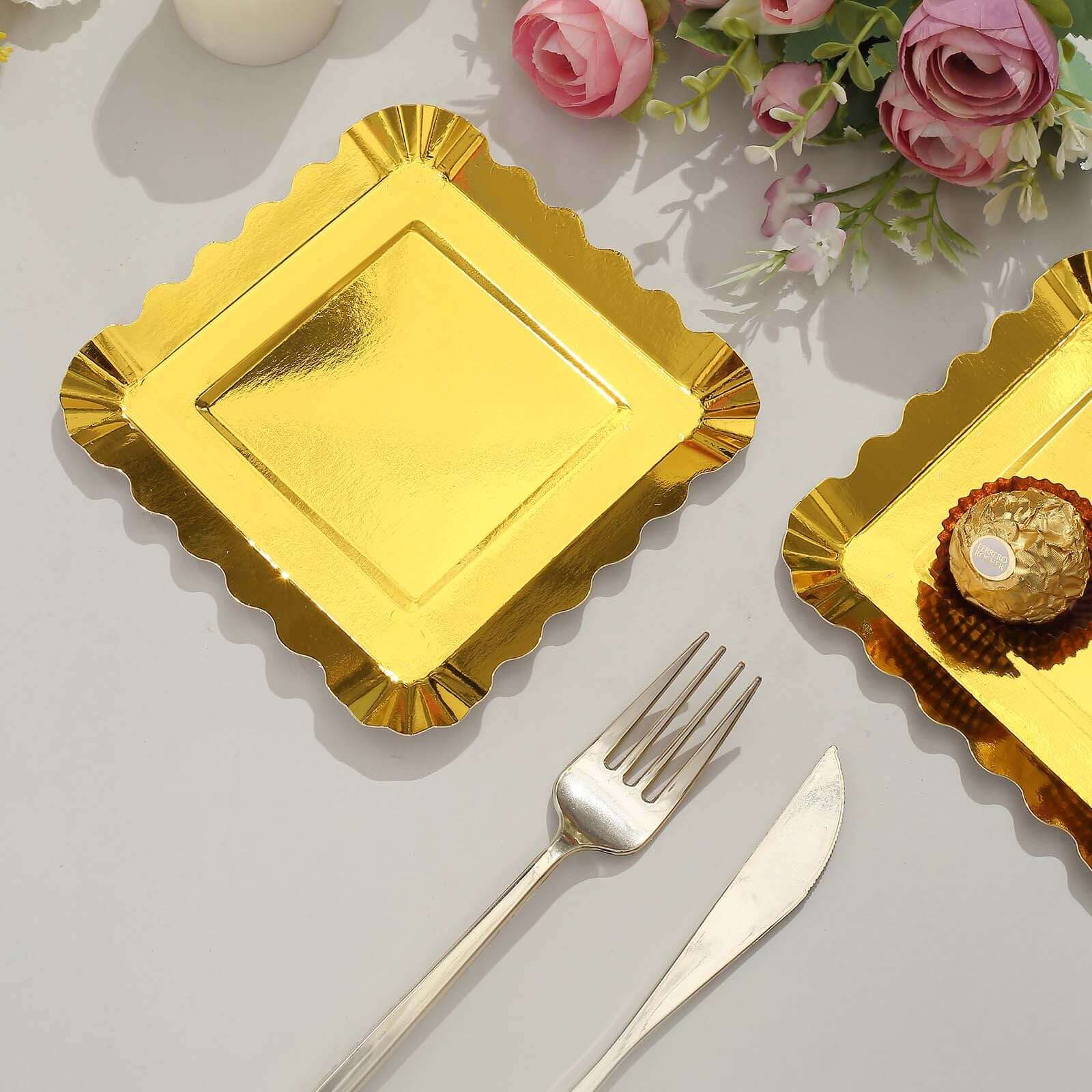50-Pack Paper Square Dessert Plates 5" Gold Foil with Scalloped Rim - Disposable Appetizer Plates for Luxurious Parties & Celebrations - Image 11