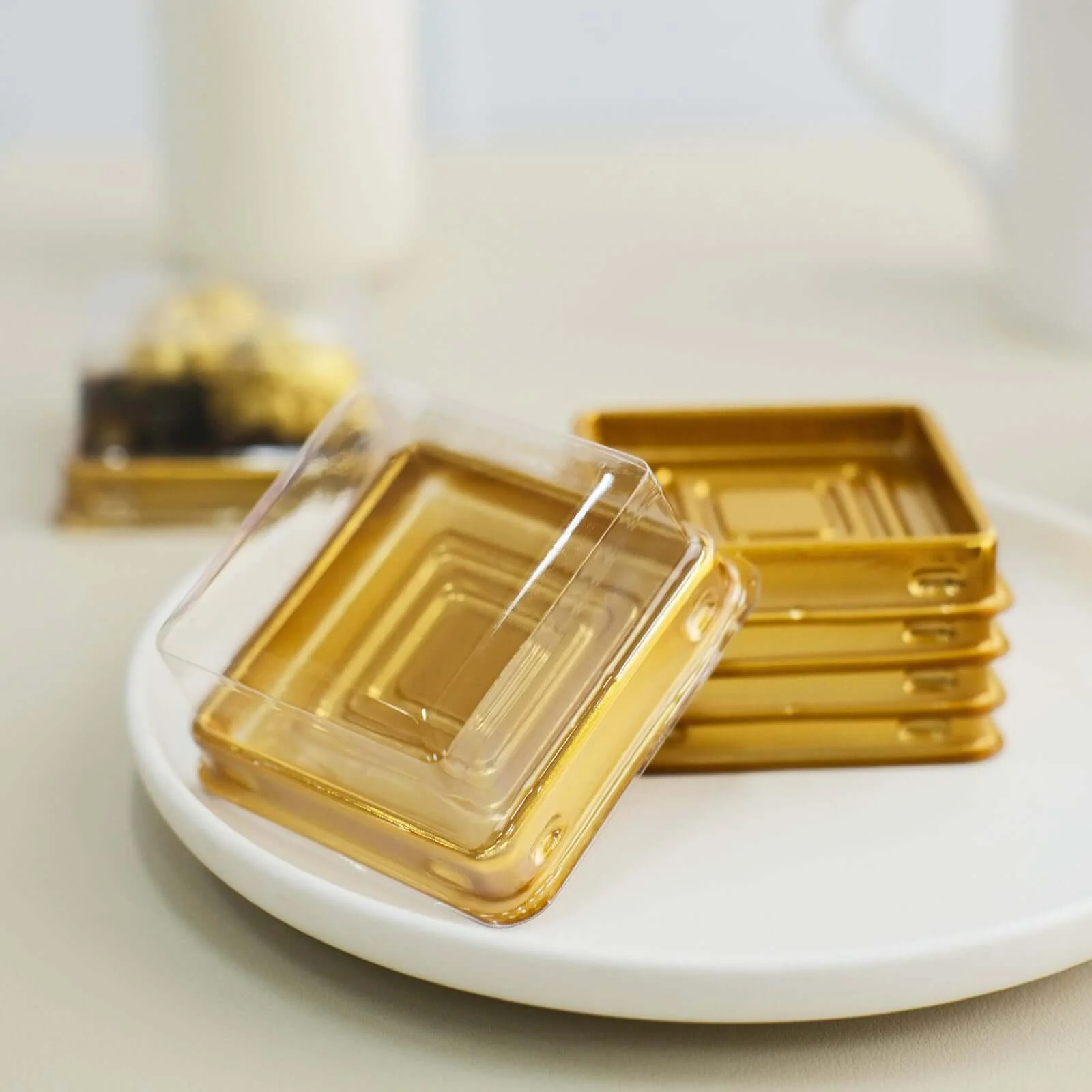 50-Pack Plastic Cupcake Favor Containers 3" Square Design Gold and Clear - Party Boxes for Treat Displays - Image 2