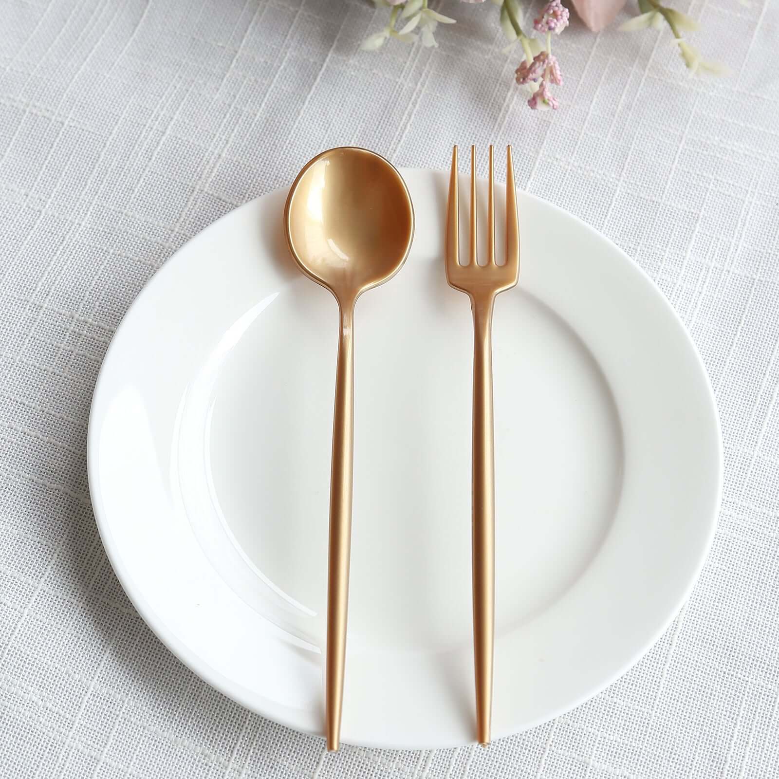50-Pack Plastic Dessert Forks and Spoons Gold - Heavy Duty Shiny Disposable Silverware Set - Image 2