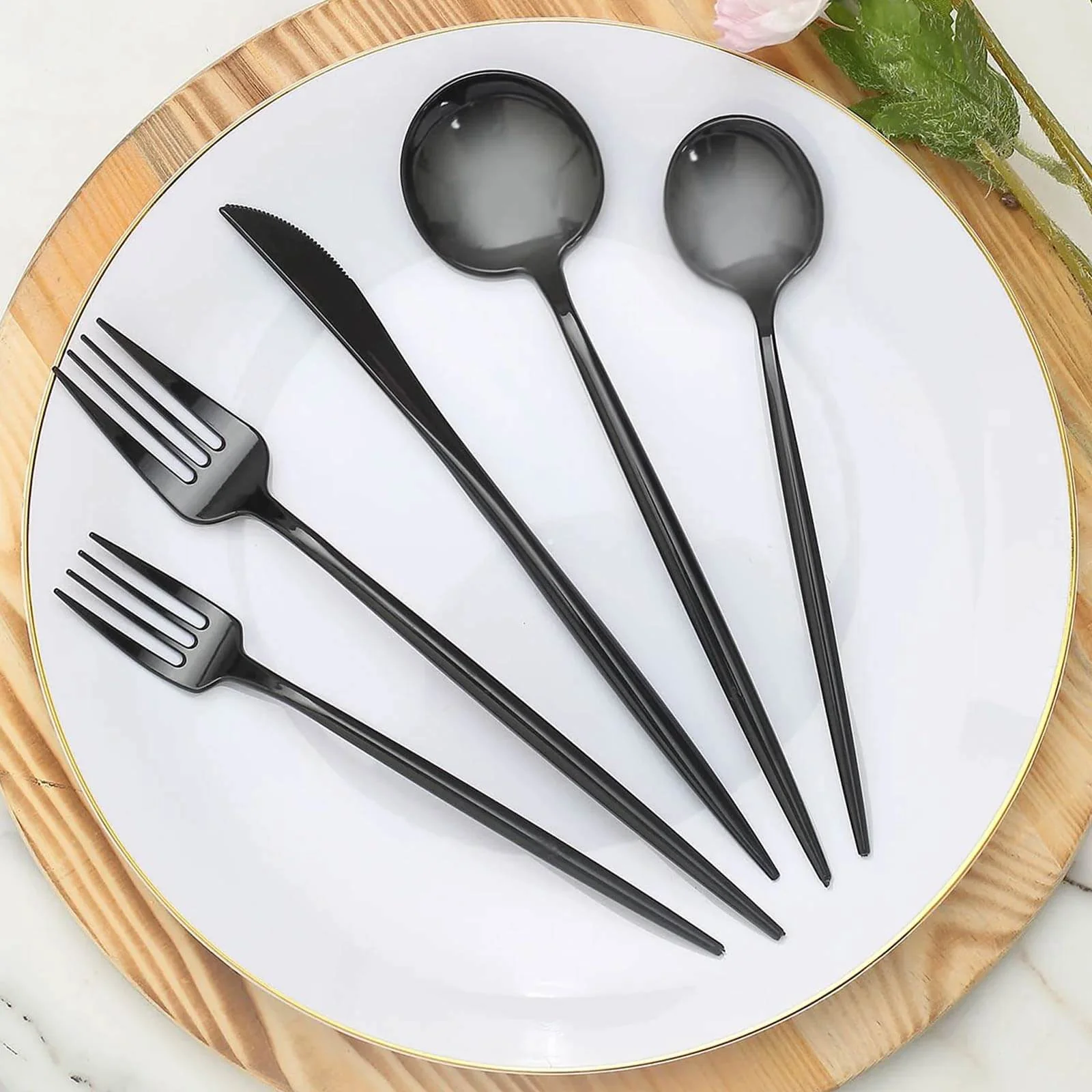 50-Pack Plastic Utensil Set Black - Heavy Duty Premium Disposable Sleek Flatware