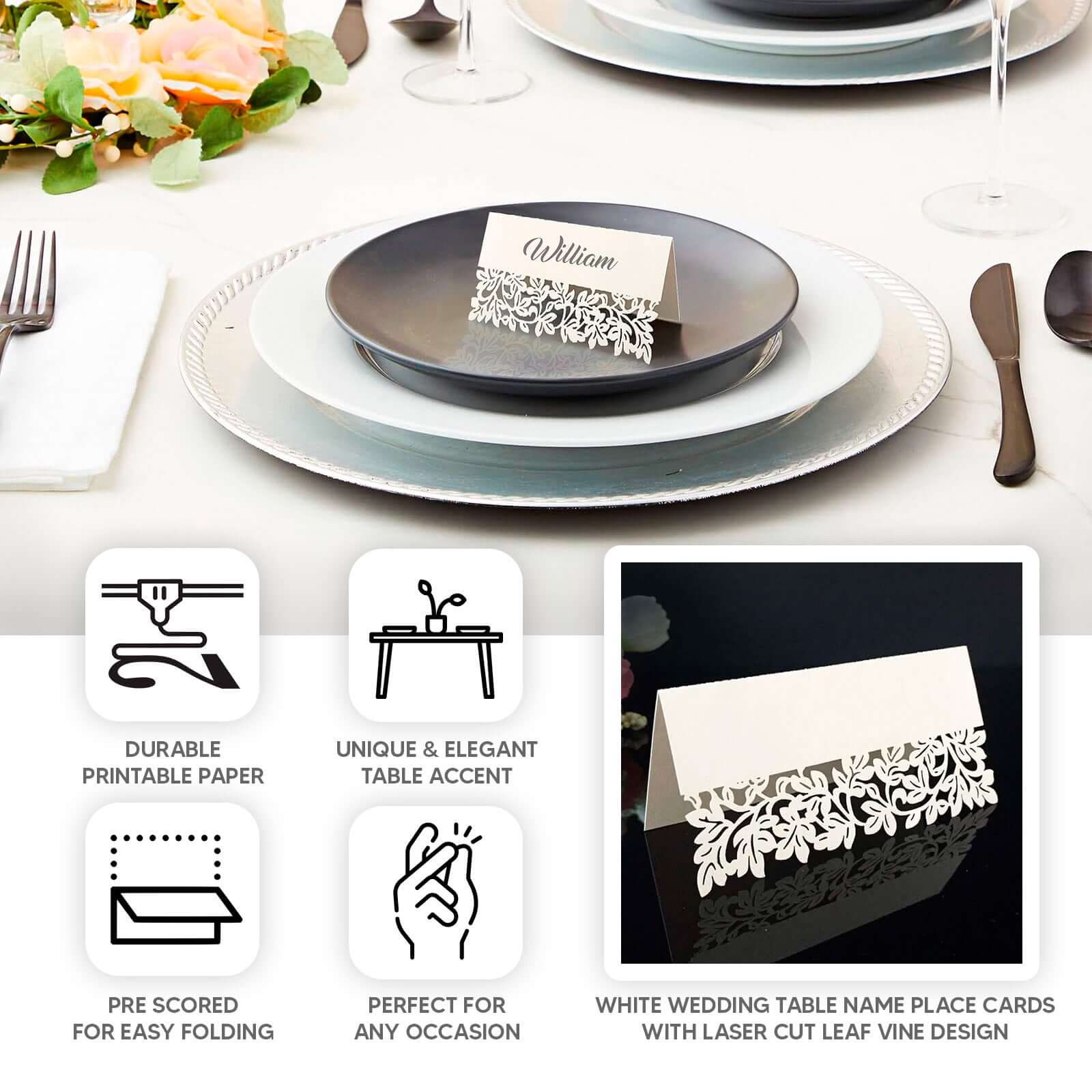 50-Pack Wedding Place Cards 210 GSM with Laser Cut Leaf Vine Design Gold - Printable Reservation Seating Tent Cards - Image 4