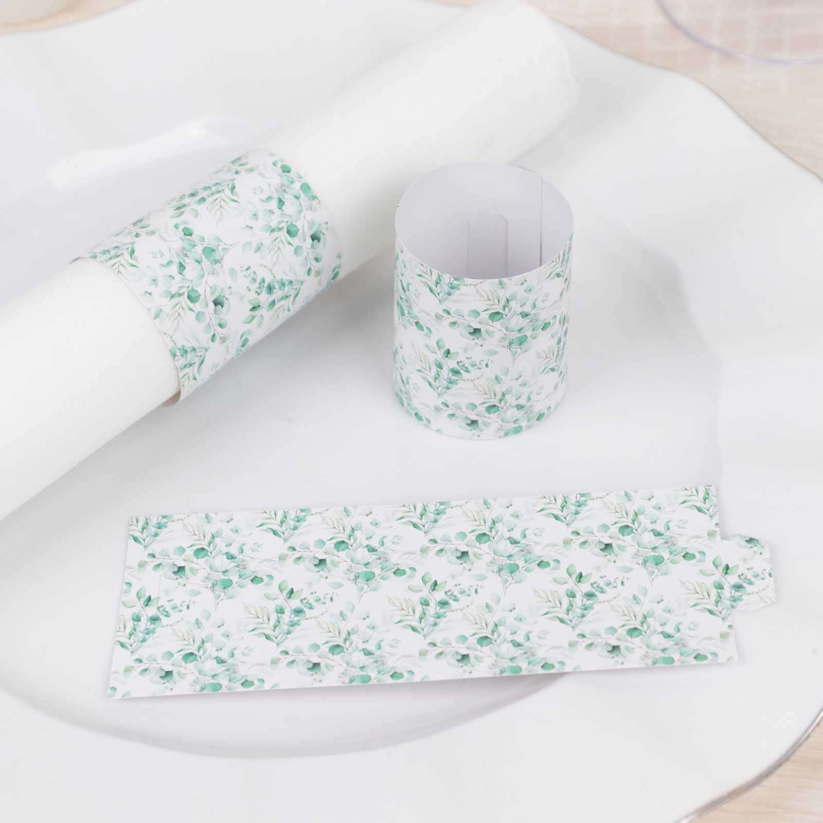 50 Pack White Green Paper Napkin Rings with Eucalyptus Leaves Print, Disposable Napkin Holders Bands - 1.5"