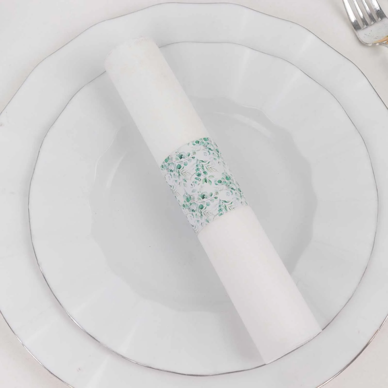 50 Pack White Green Paper Napkin Rings with Eucalyptus Leaves Print, Disposable Napkin Holders Bands - 1.5" - Image 10