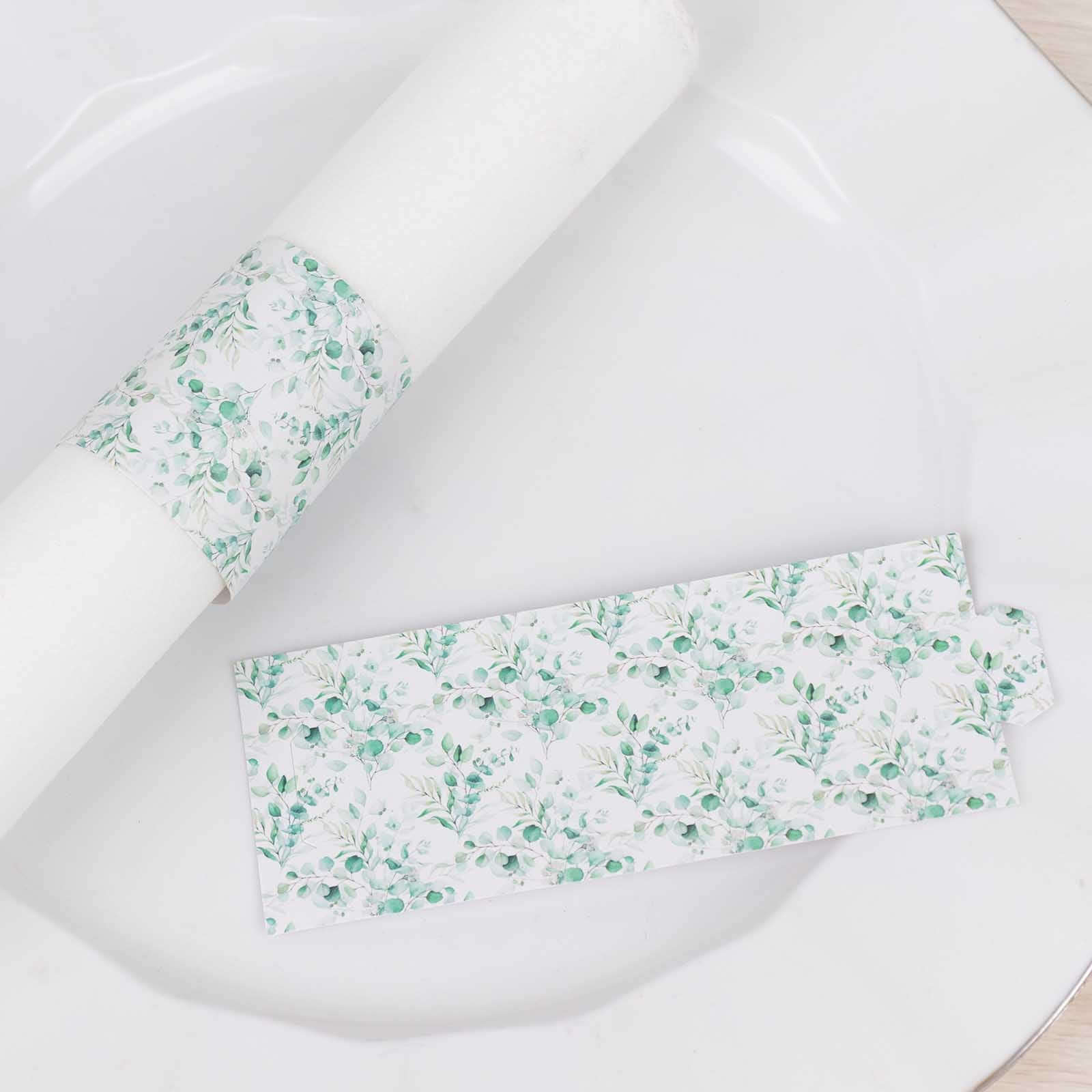 50 Pack White Green Paper Napkin Rings with Eucalyptus Leaves Print, Disposable Napkin Holders Bands - 1.5" - Image 6