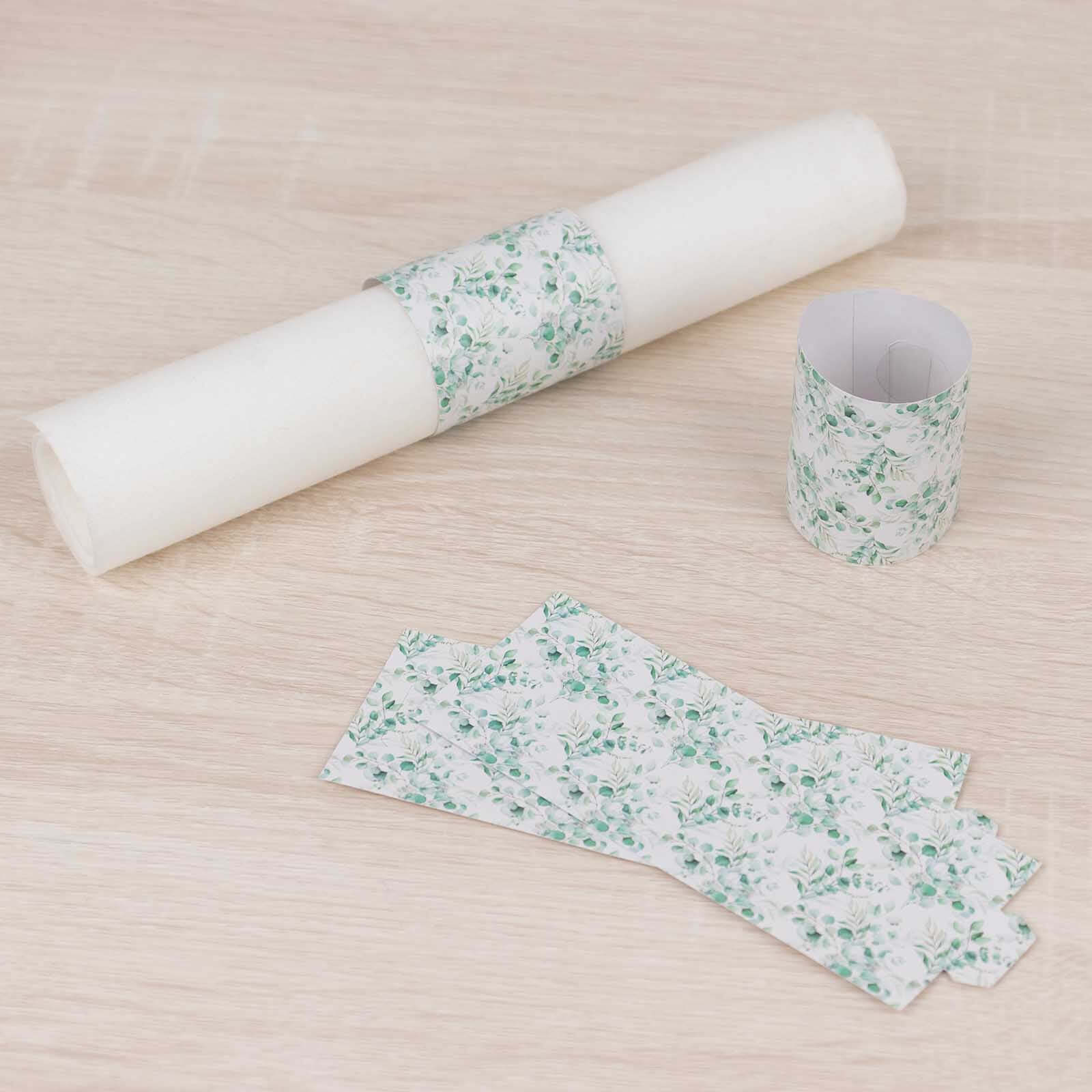 50 Pack White Green Paper Napkin Rings with Eucalyptus Leaves Print, Disposable Napkin Holders Bands - 1.5" - Image 8