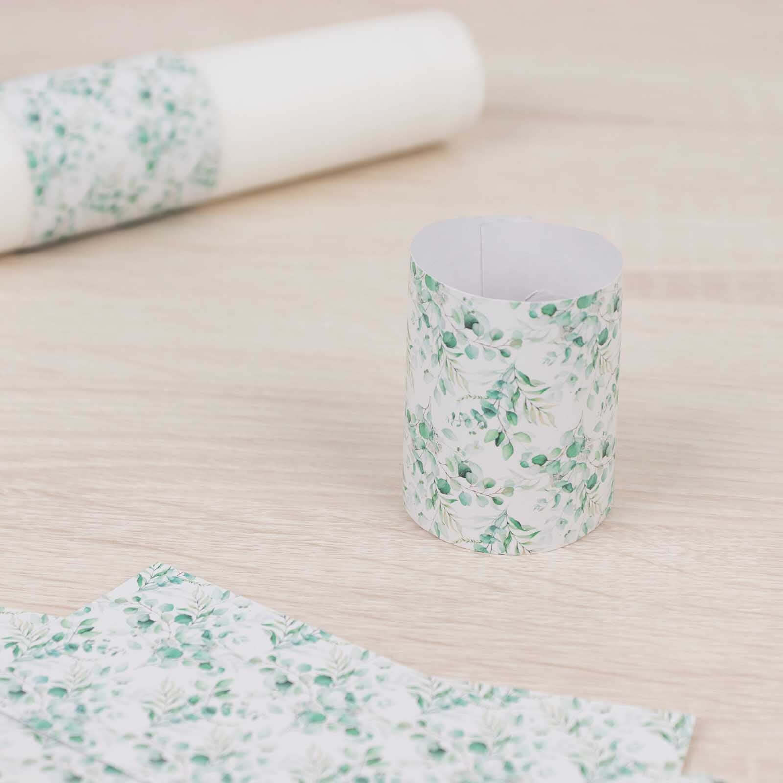 50 Pack White Green Paper Napkin Rings with Eucalyptus Leaves Print, Disposable Napkin Holders Bands - 1.5" - Image 9