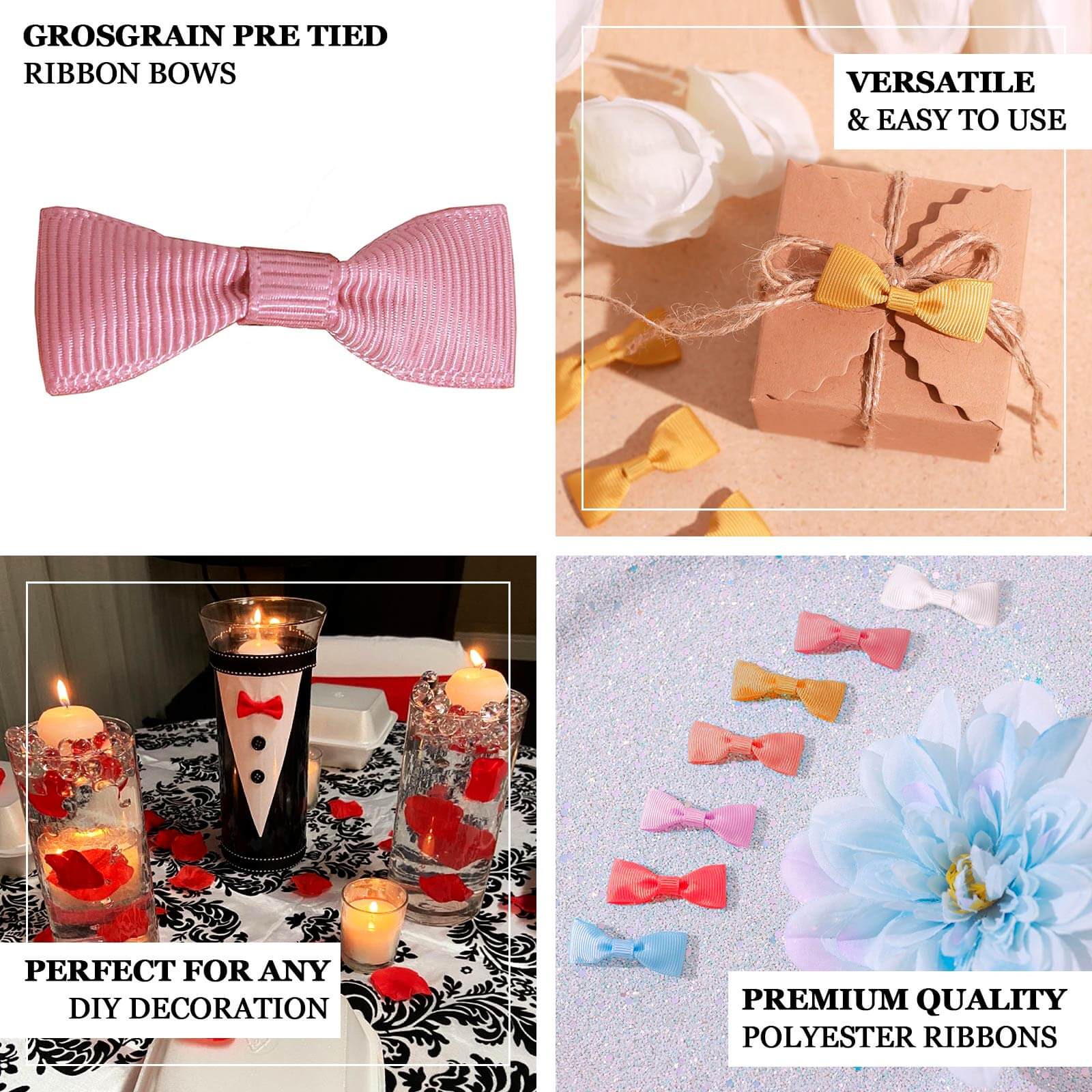 50 Pcs Dusty Rose Grosgrain Pre Tied Ribbon Bows, Gift Basket Party Favor Bags Decor - Polyester 1.5" - Image 3