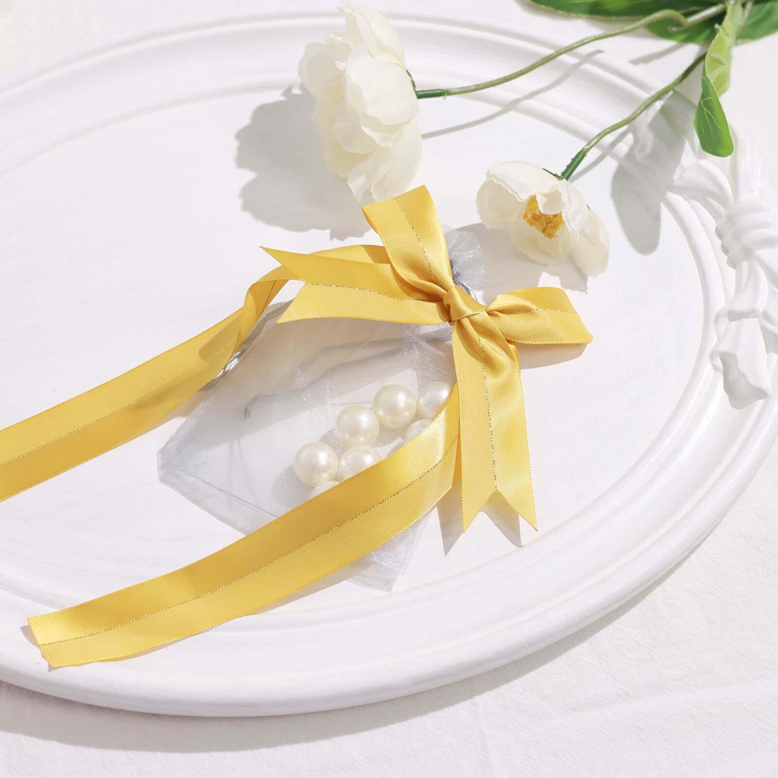 50 Pcs Gold Pre Tied Ribbon Bows, Satin Ribbon With Gold Foil Lining For Gift Basket and Party Favors Decor 10" - Image 14