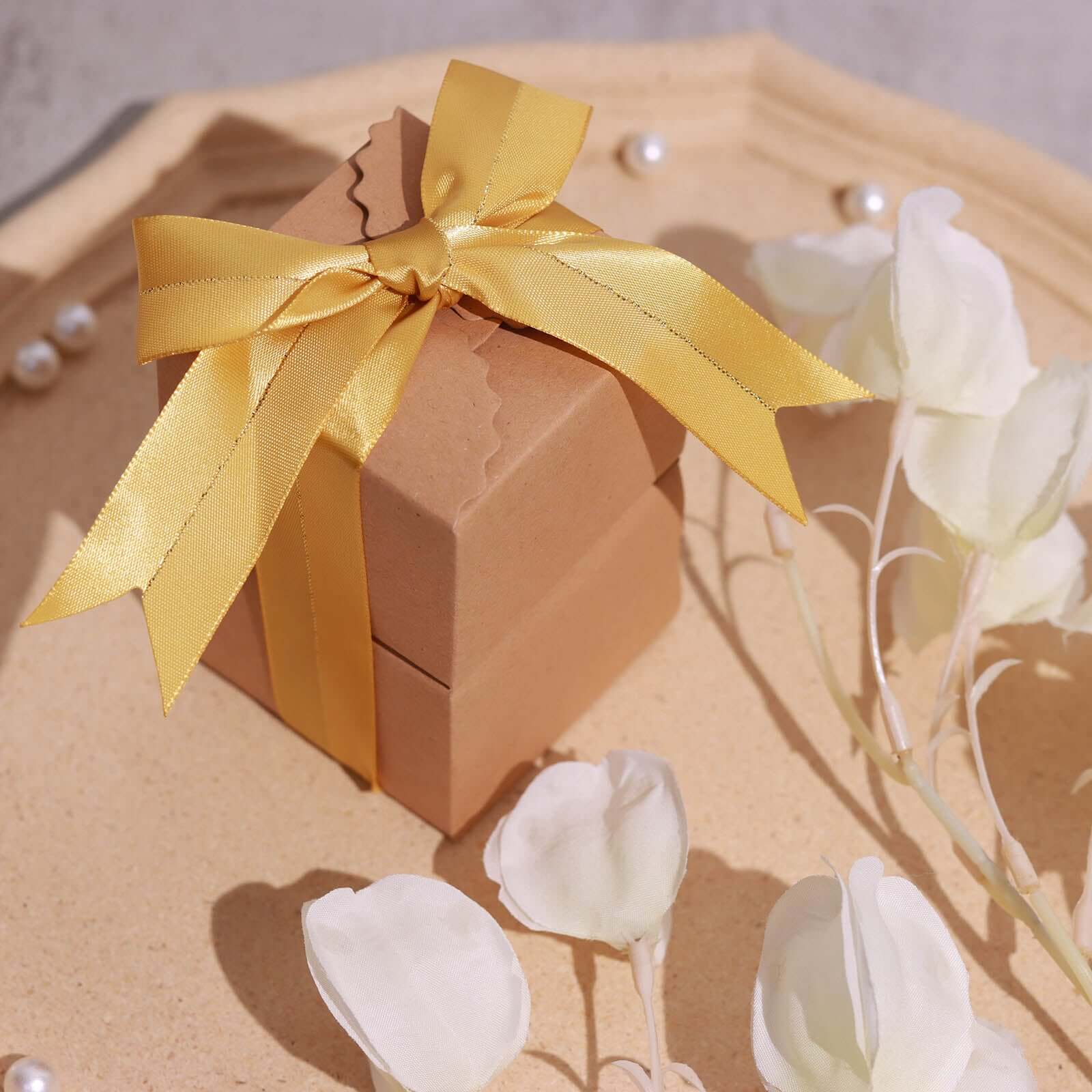 50 Pcs Gold Pre Tied Ribbon Bows, Satin Ribbon With Gold Foil Lining For Gift Basket and Party Favors Decor 10" - Image 2