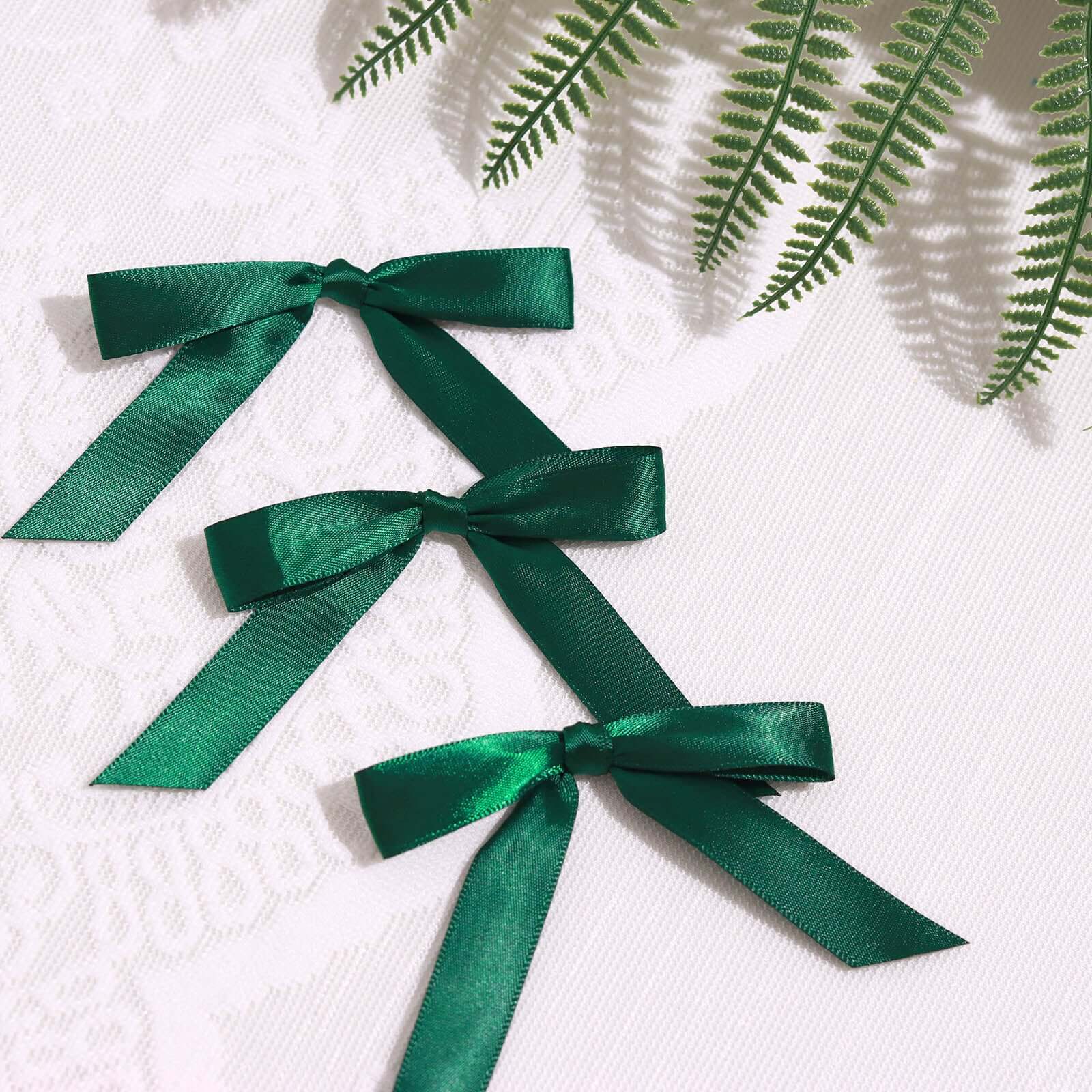 50 Pcs Satin Ribbon Bows With Twist Ties, Gift Basket Party Favor Bags Decor -  Hunter Emerald Green Classic Style 3" - Image 6
