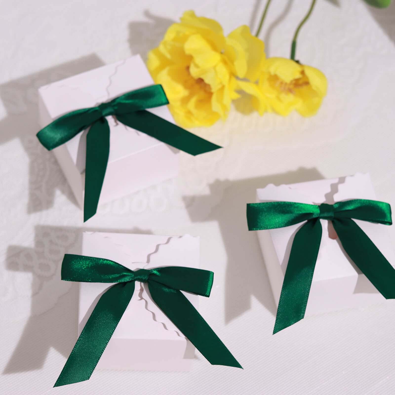 50 Pcs Satin Ribbon Bows With Twist Ties, Gift Basket Party Favor Bags Decor -  Hunter Emerald Green Classic Style 3" - Image 9