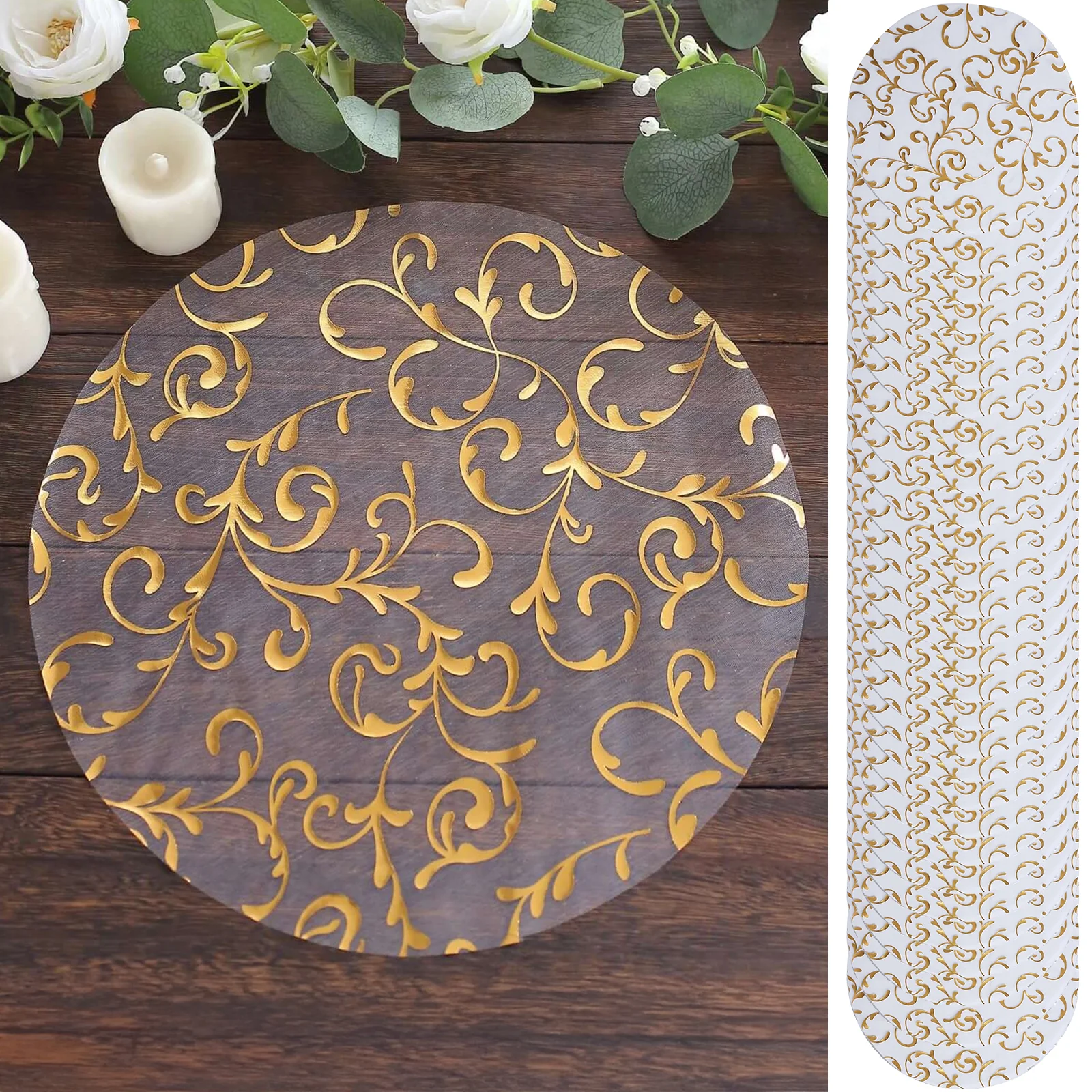 50-Pack Organza Table Placemats 13" Round Embossed Foil Flower Design Metallic Gold - Sheer Disposable Dining Mats
