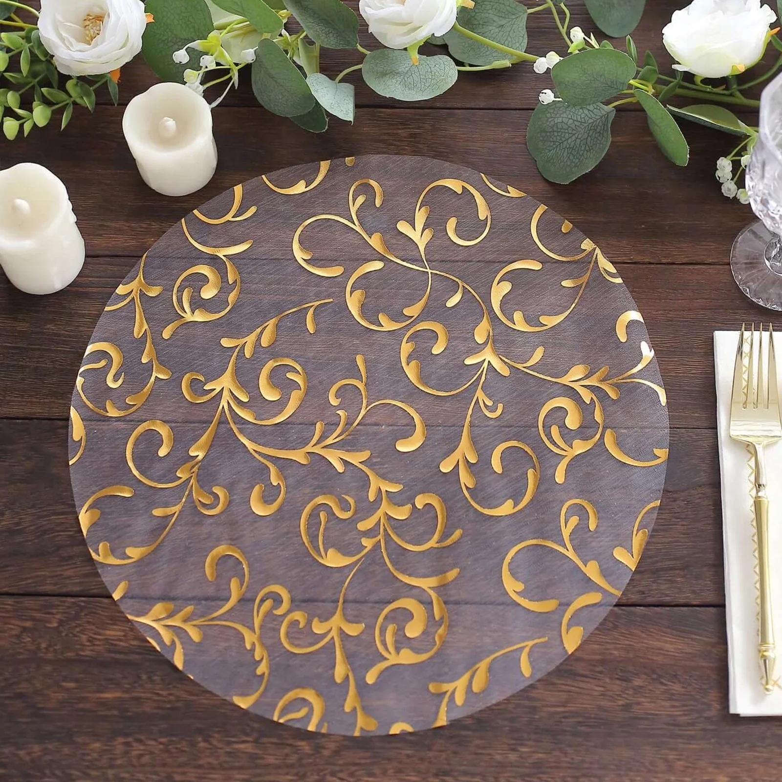 50-Pack Organza Table Placemats 13" Round Embossed Foil Flower Design Metallic Gold - Sheer Disposable Dining Mats - Image 2