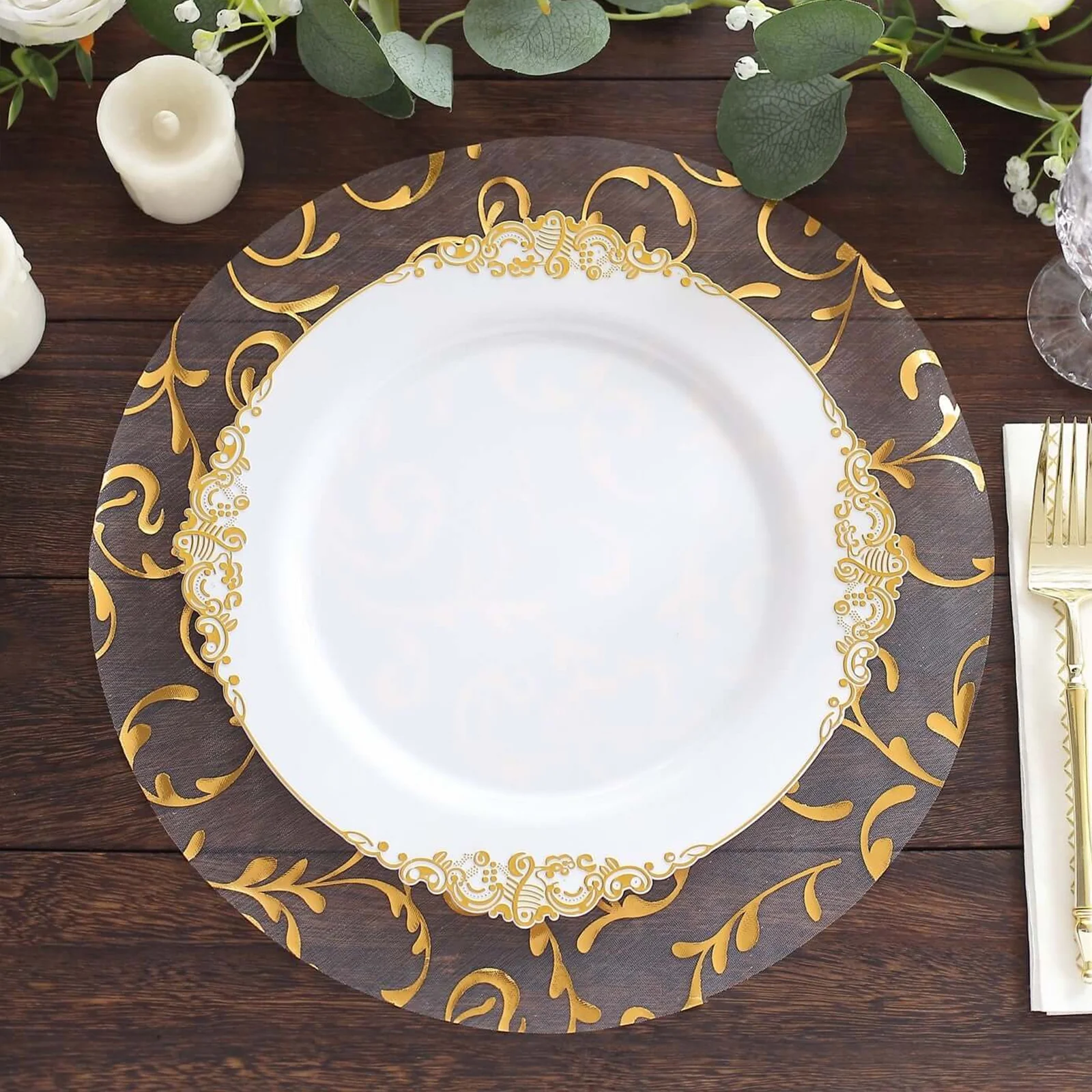50-Pack Organza Table Placemats 13" Round Embossed Foil Flower Design Metallic Gold - Sheer Disposable Dining Mats - Image 8