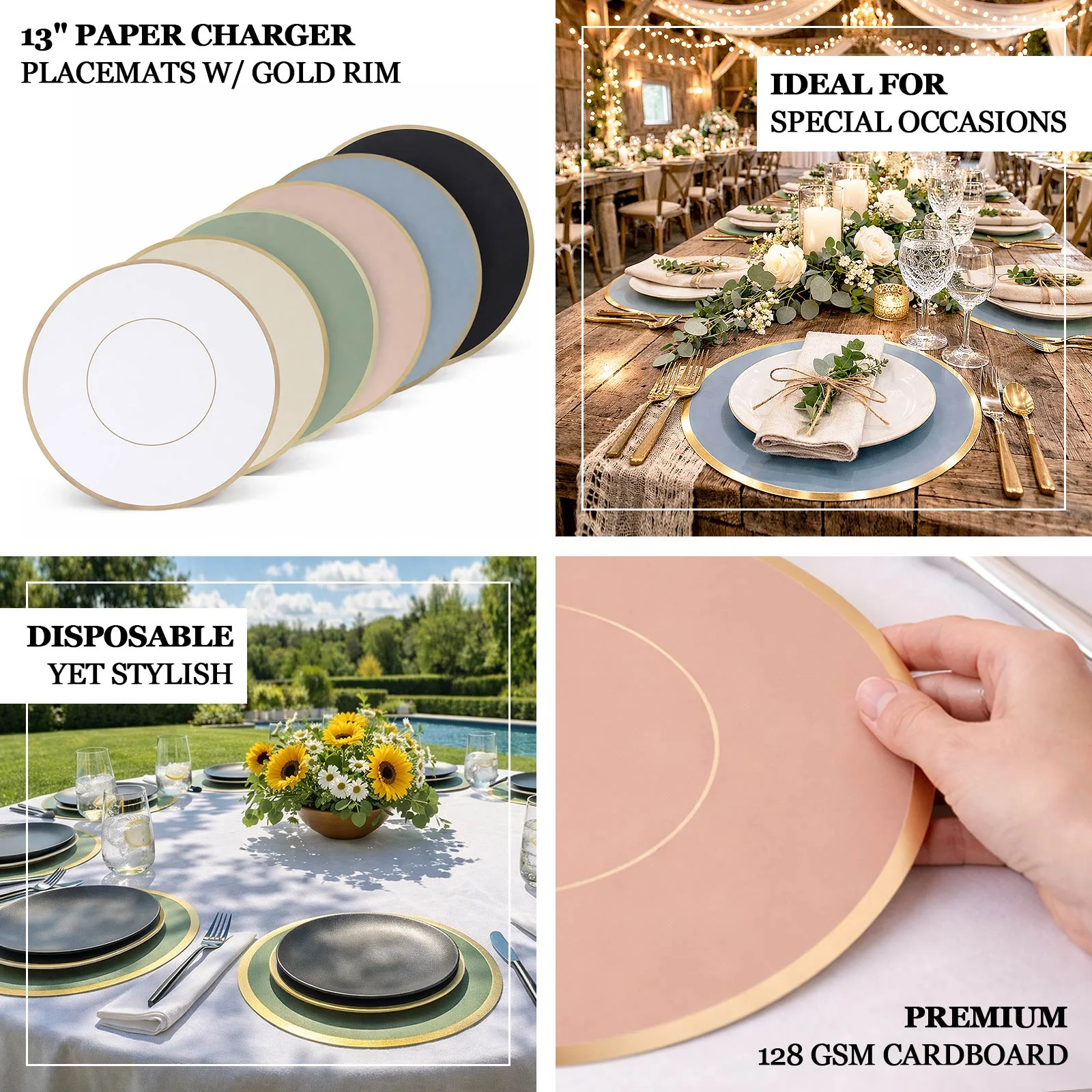 50 Pack Disposable Table Placemats 13" Round Dusty Rose with Gold Rim – Cardboard Charger Plates for Elegant Table Settings, 128 GSM - Image 4