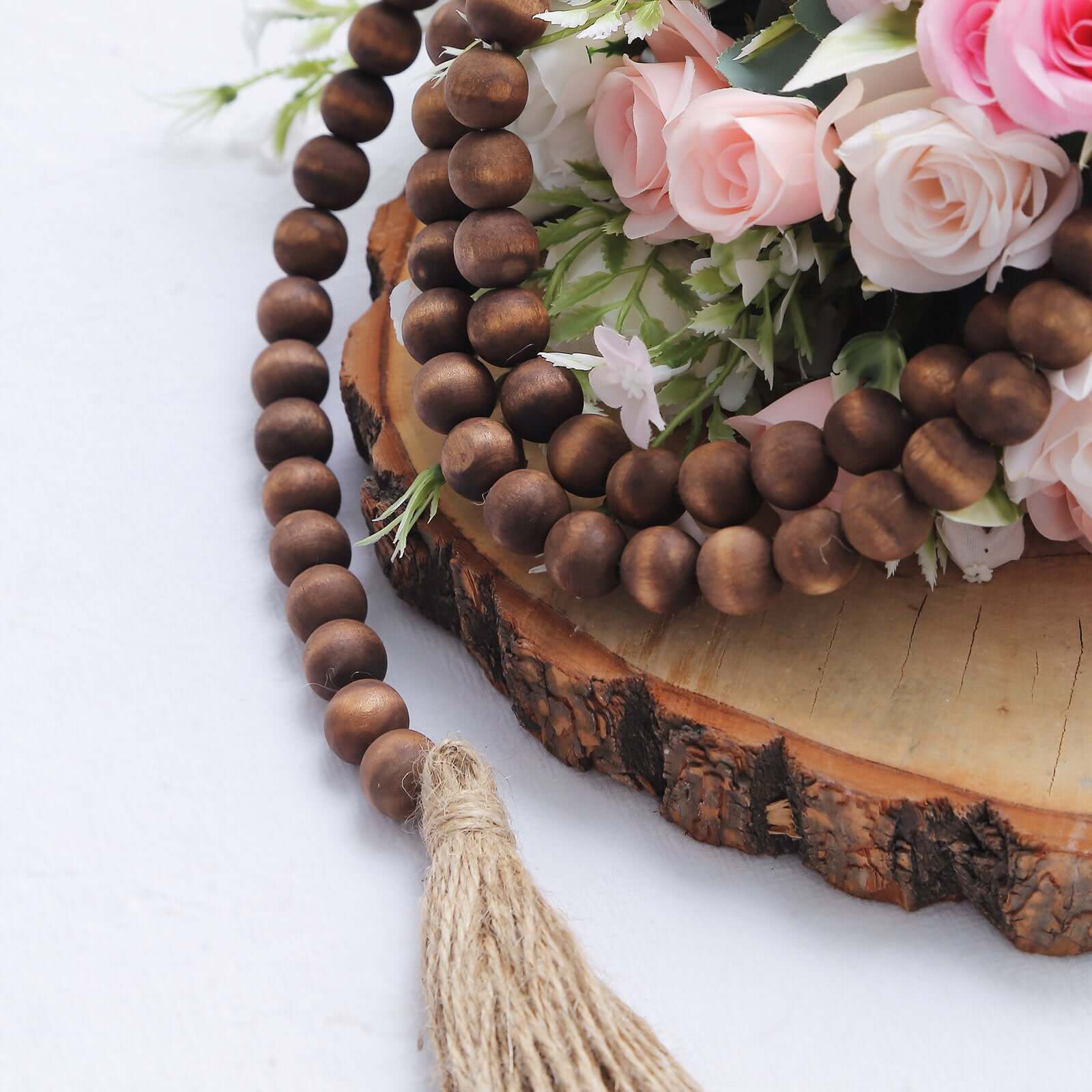 Brown Farmhouse Country Wood Bead Hanging Garland With Tassels, Rustic Boho Chic Wood Beaded Chain 55" - Image 4