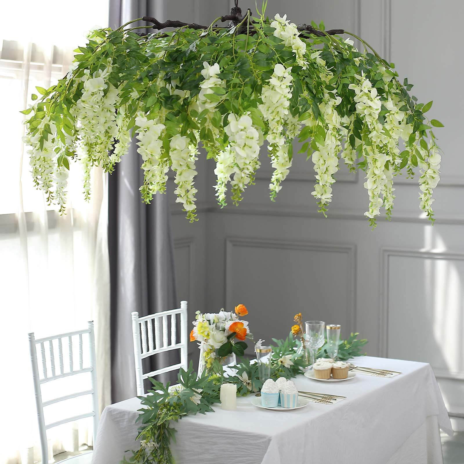 Cream Artificial Silk Wisteria Vine Round Hanging Canopy, Draping Garland Flower Chandelier With Interchangeable Branches 55" - Image 4