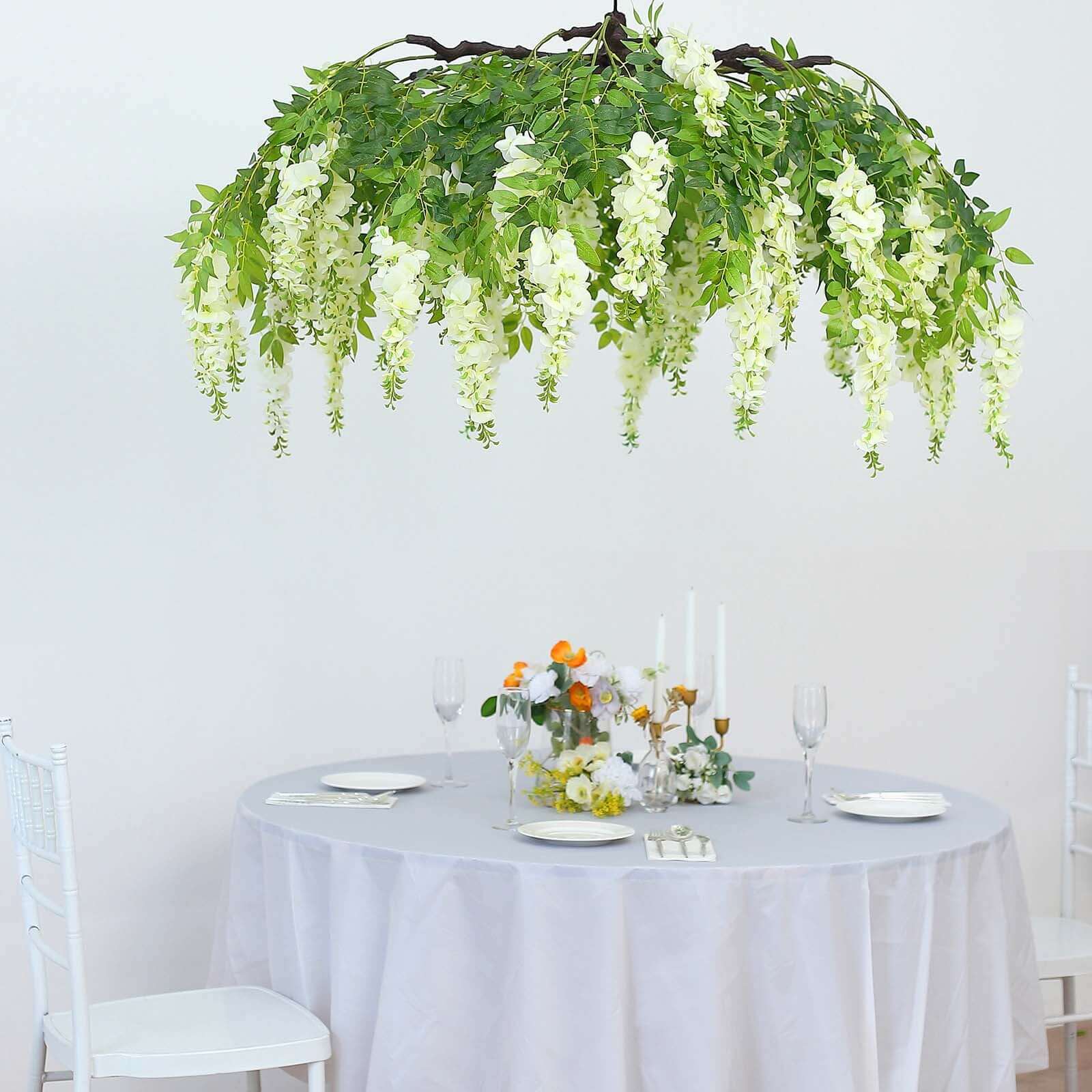 Cream Artificial Silk Wisteria Vine Round Hanging Canopy, Draping Garland Flower Chandelier With Interchangeable Branches 55" - Image 5