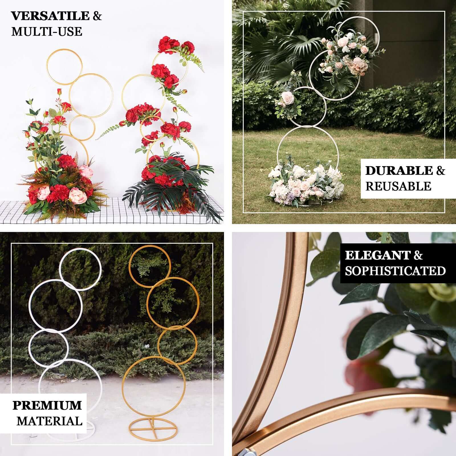 4-Tiered Gold Hoop Pillar Flower Stand, Metal Wedding Arch Table Centerpiece - Hoop Wreath 5ft - Image 4