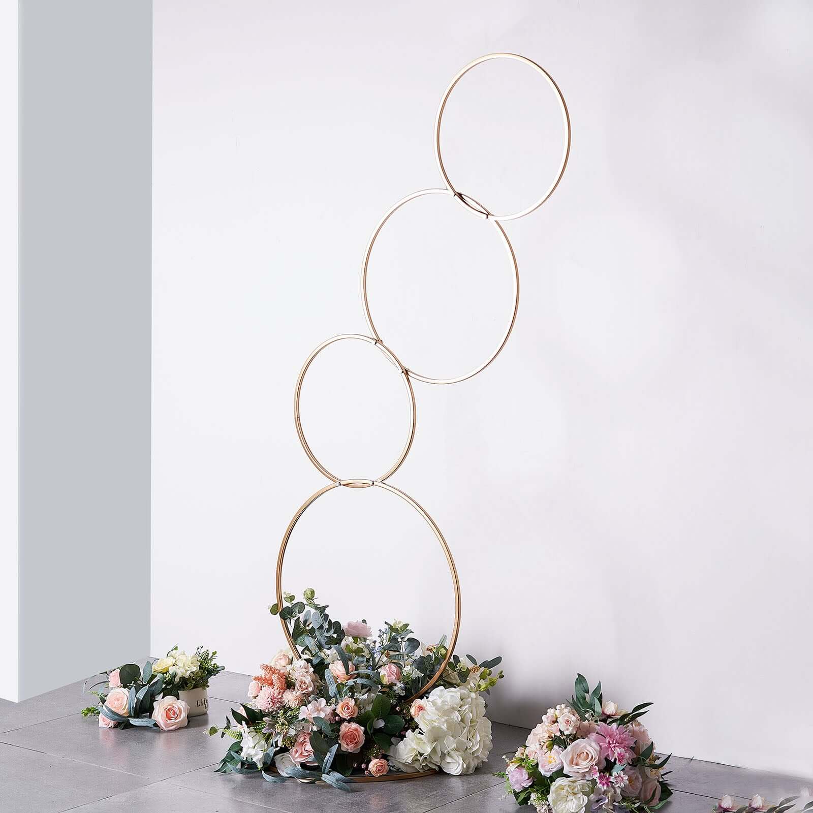 4-Tiered Gold Hoop Pillar Flower Stand, Metal Wedding Arch Table Centerpiece - Hoop Wreath 5ft - Image 7