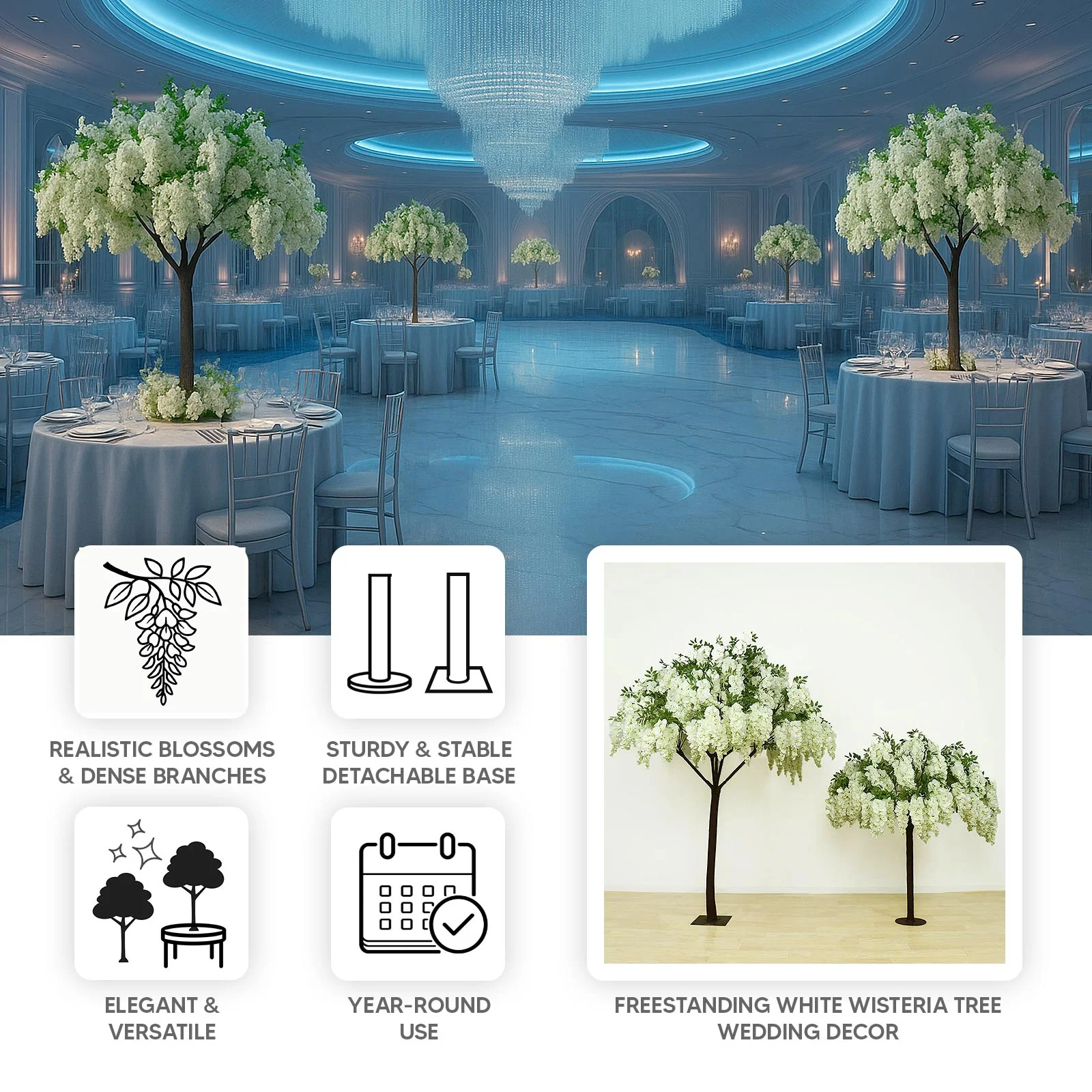 5ft Freestanding White Wisteria Tree – Romantic Faux Flower Decor for Aisles & Photo Backdrops - Image 3