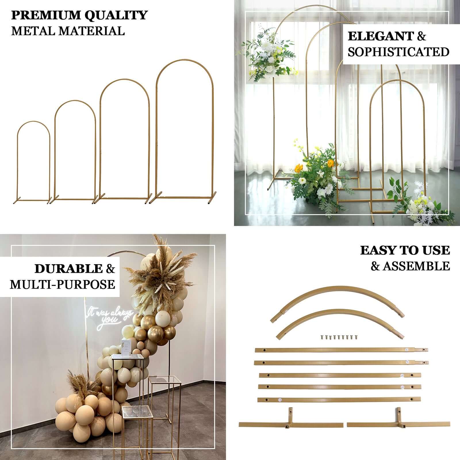 Gold Metal Wedding Arch Chiara Backdrop Stand Floral Display Frame With Round Top 5ft - Image 4