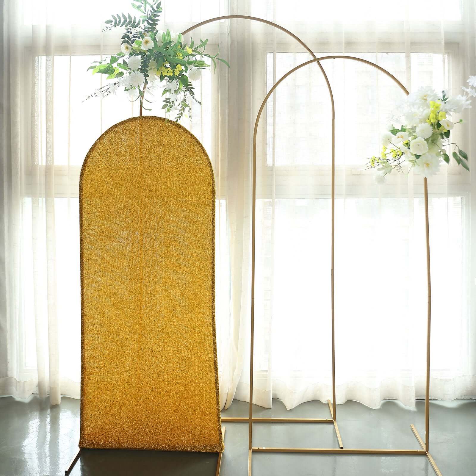 Gold Shimmer Tinsel Spandex Wedding Arch Cover For Fitted Round Top Chiara Backdrop Stand 5ft