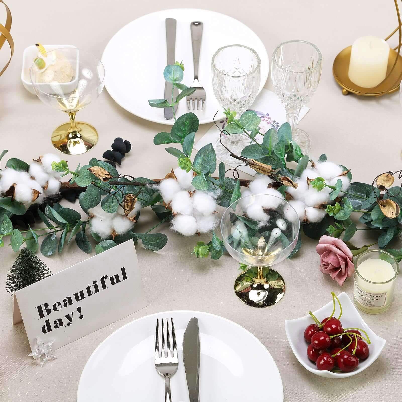 Green Artificial Eucalyptus Leaf, White Cotton Ball Garland Vine 5ft - Image 2
