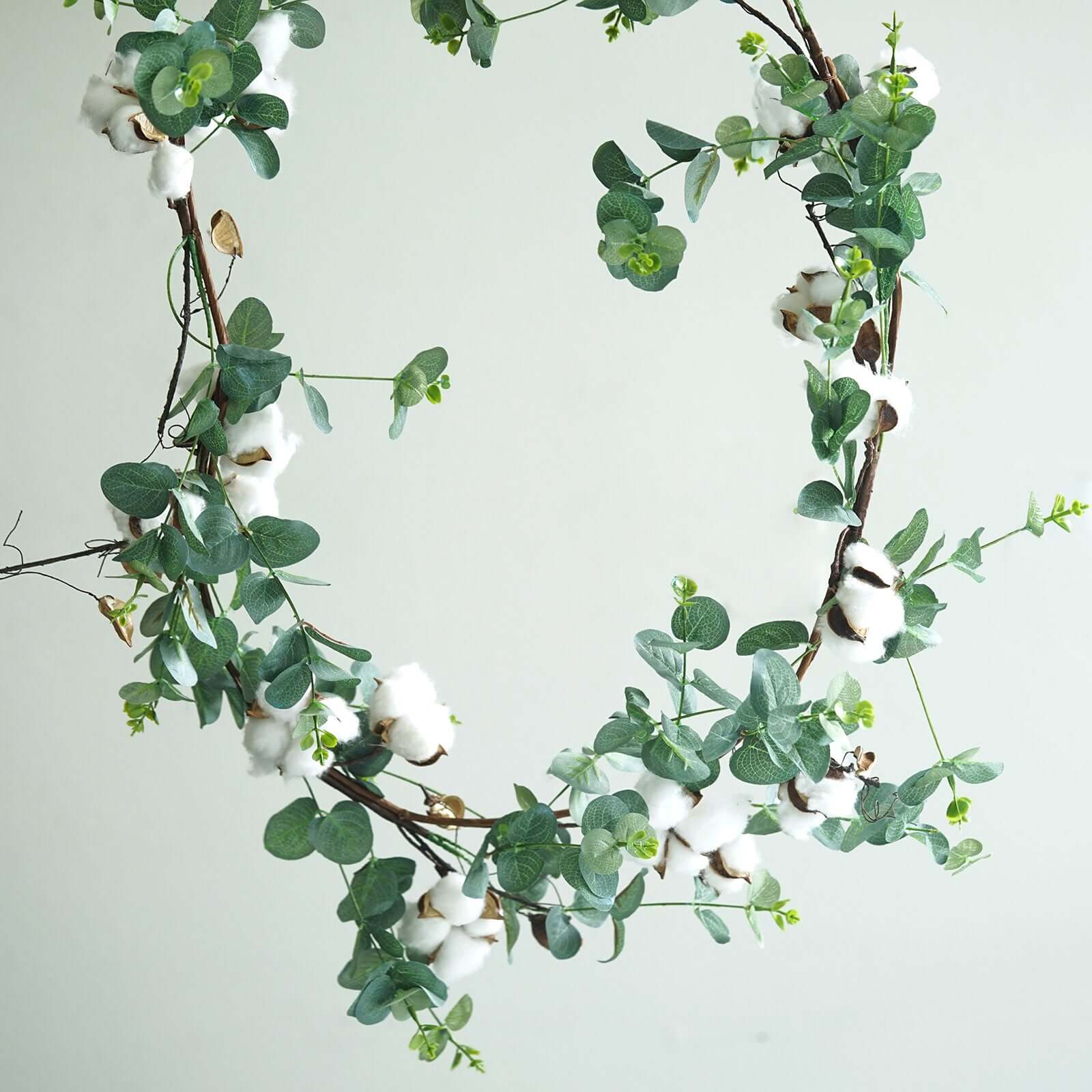 Green Artificial Eucalyptus Leaf, White Cotton Ball Garland Vine 5ft - Image 8