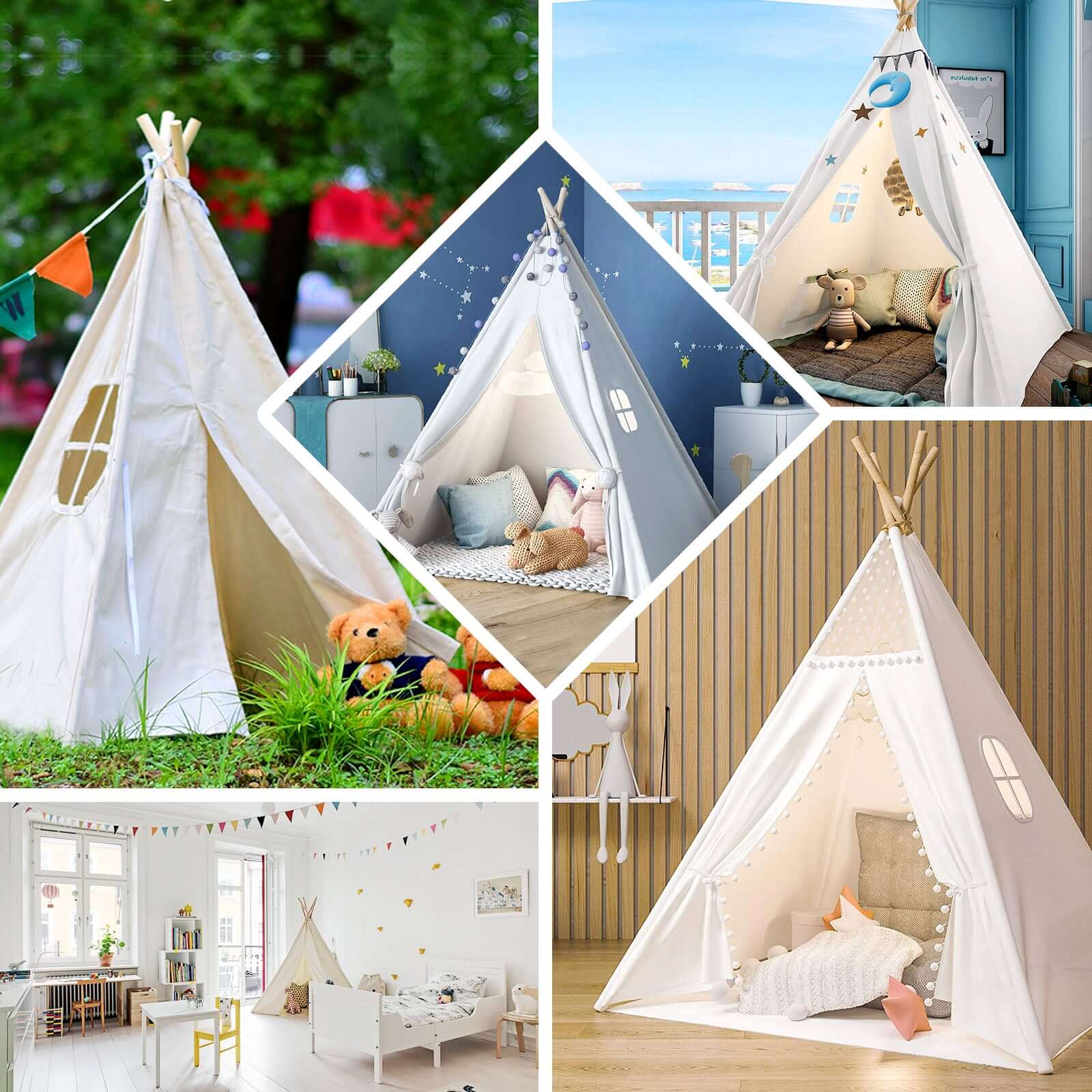 Kids Linen Teepee Play Tent, Toddler Indoor/Outdoor Playhouse With Window 5ft - Image 5