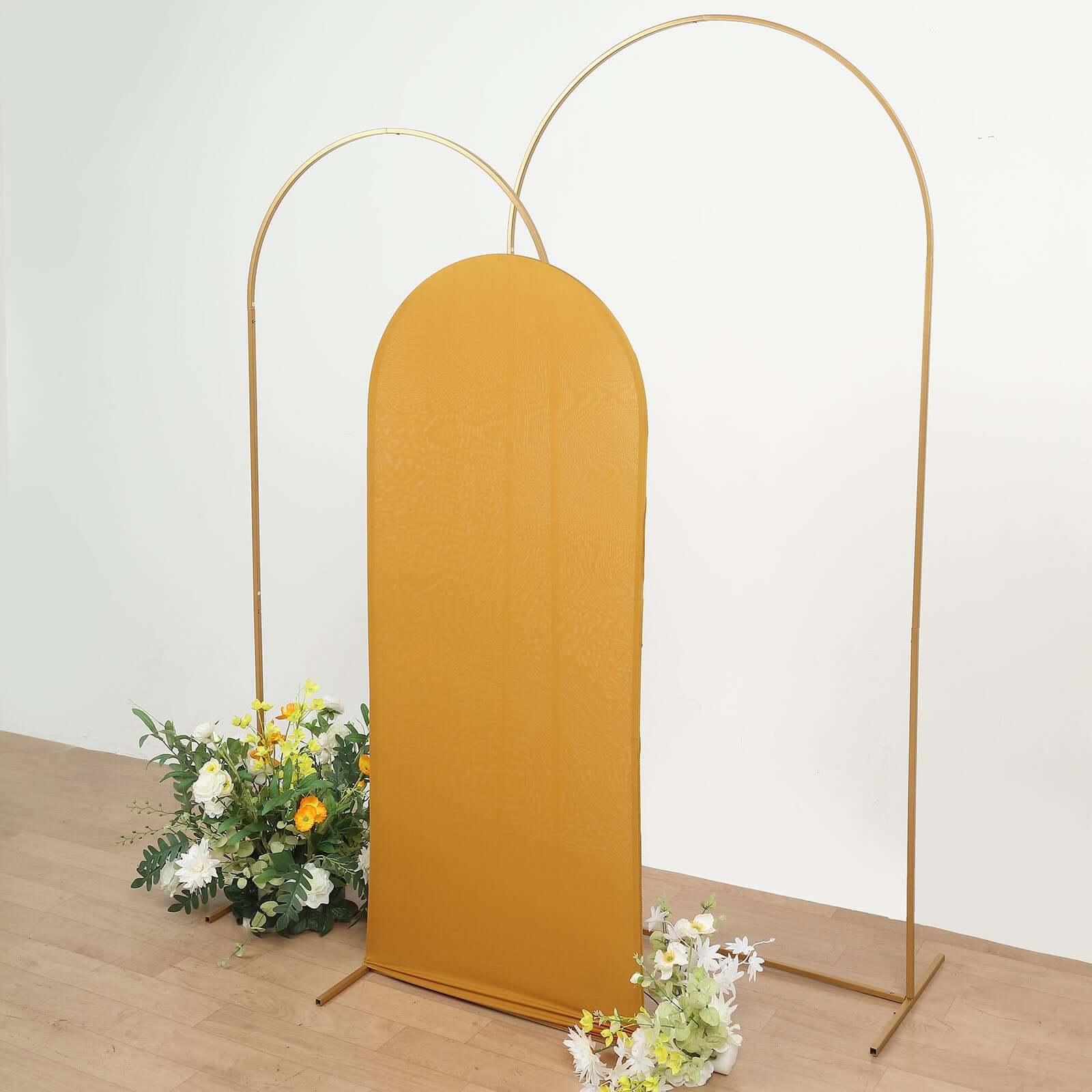 Matte Gold Spandex Fitted Wedding Arch Cover For Round Top Chiara Backdrop Stand 5ft