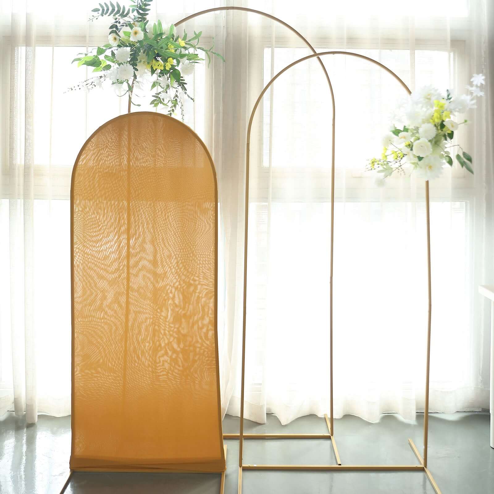 Matte Gold Spandex Fitted Wedding Arch Cover For Round Top Chiara Backdrop Stand 5ft - Image 7