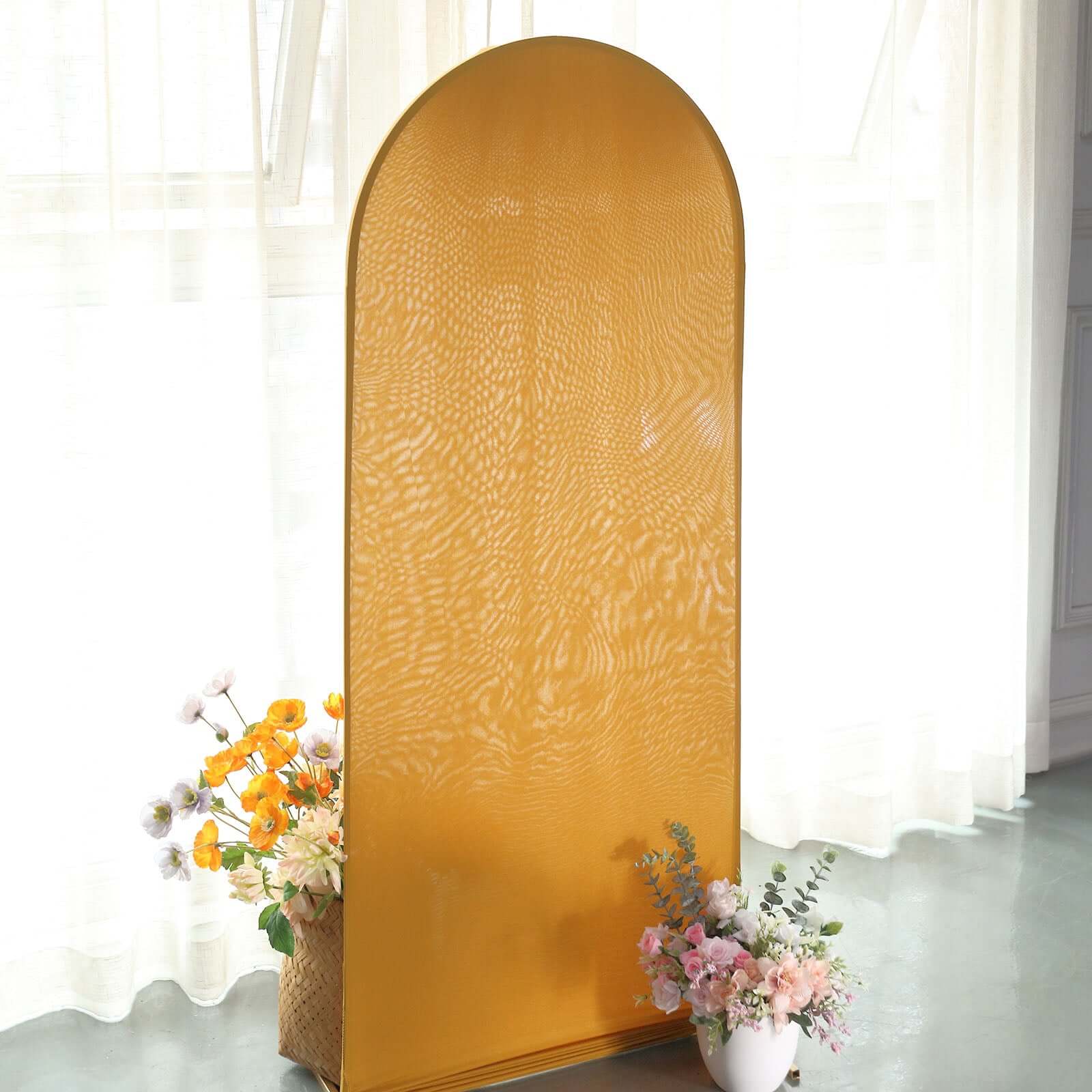 Matte Gold Spandex Fitted Wedding Arch Cover For Round Top Chiara Backdrop Stand 5ft - Image 8