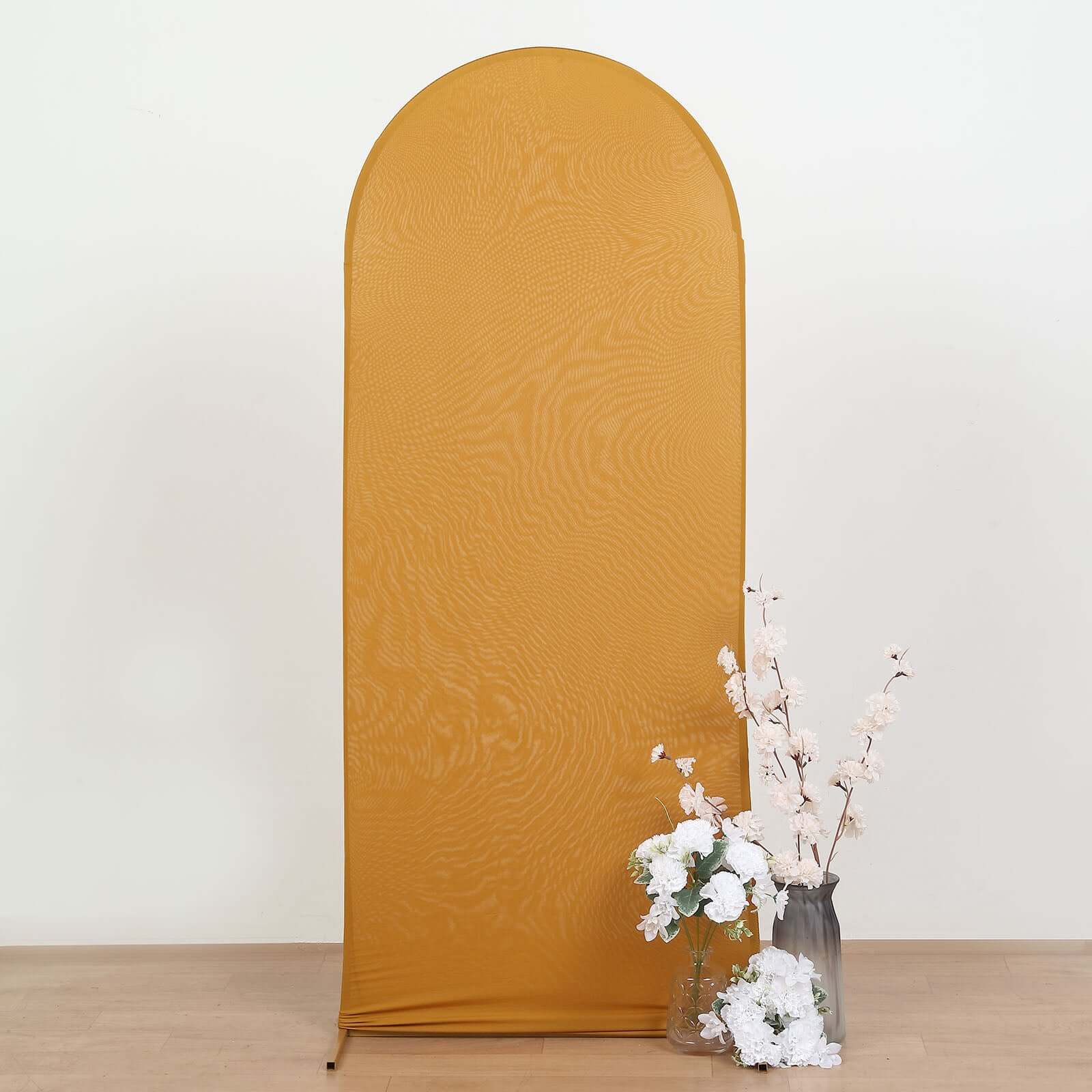 Matte Gold Spandex Fitted Wedding Arch Cover For Round Top Chiara Backdrop Stand 5ft - Image 9