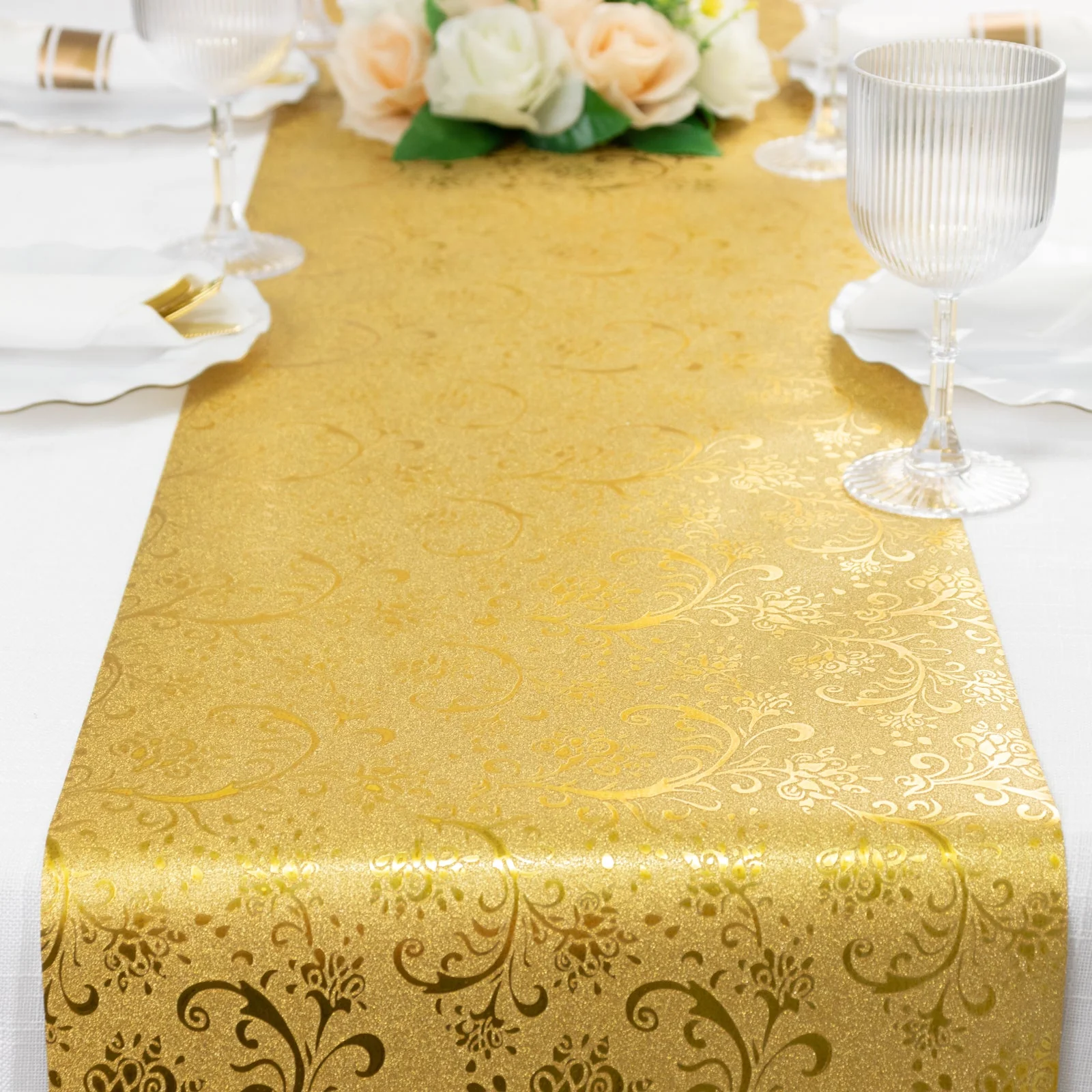 5 Pack Gold Glitter Paper Table Runners with Vintage Floral Vine Pattern - 10ft Disposable Wedding & Party Table Runners - Image 2