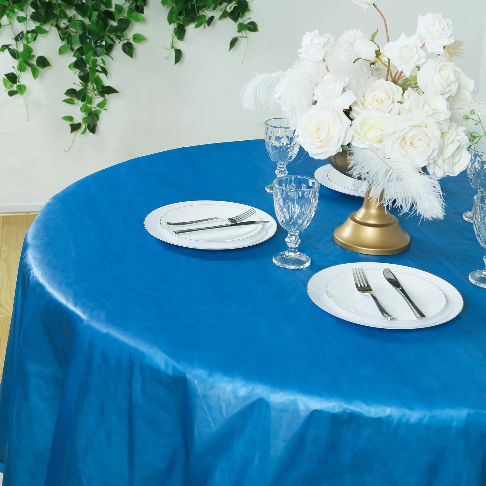 5-Pack Plastic Table Covers 84" Navy Blue Round - PVC Waterproof Disposable Covers - Image 5