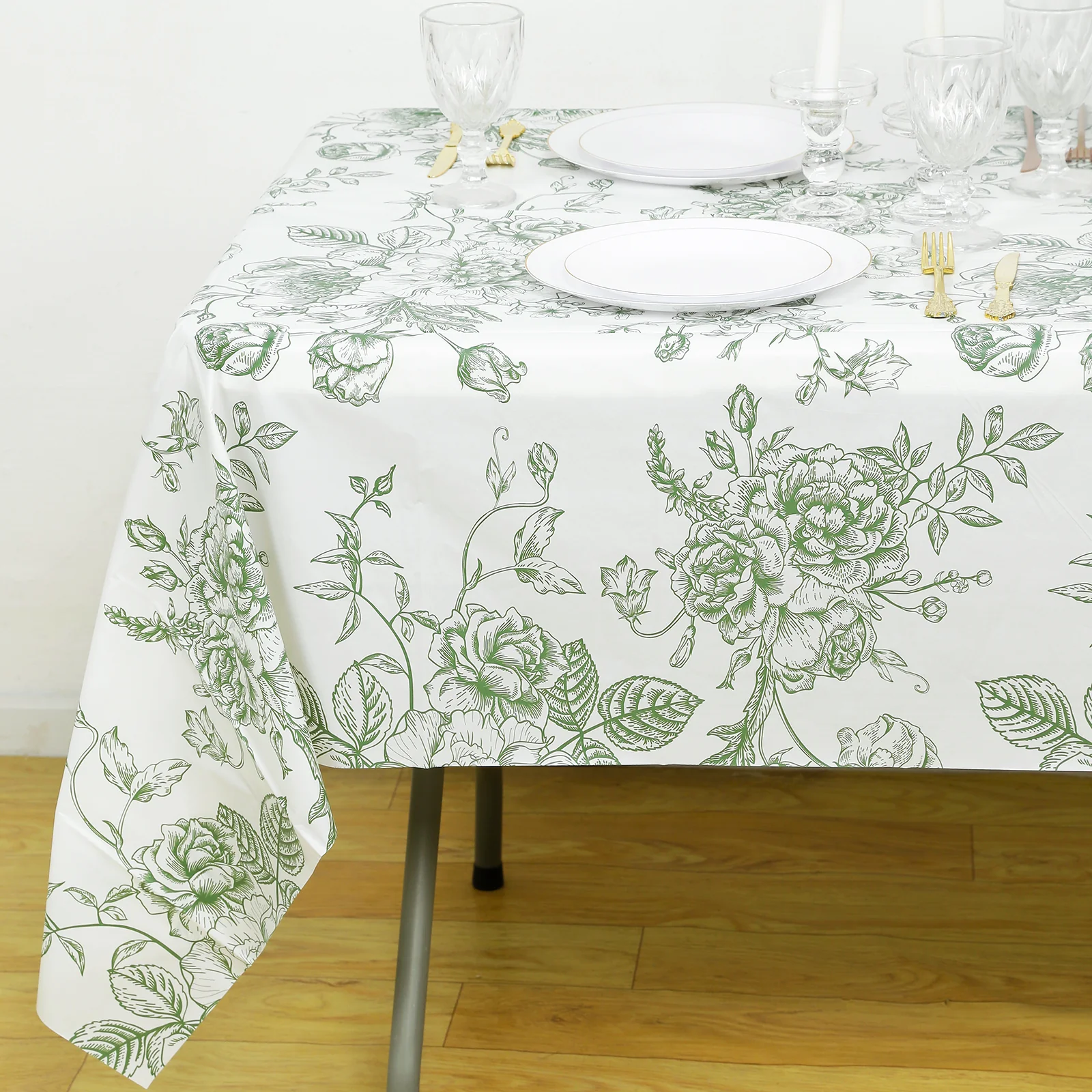 5-Pack Rectangular Plastic Tablecloths 54"x108" – White with Sage Green French Toile Pattern, PVC Waterproof Disposable Covers - Image 10