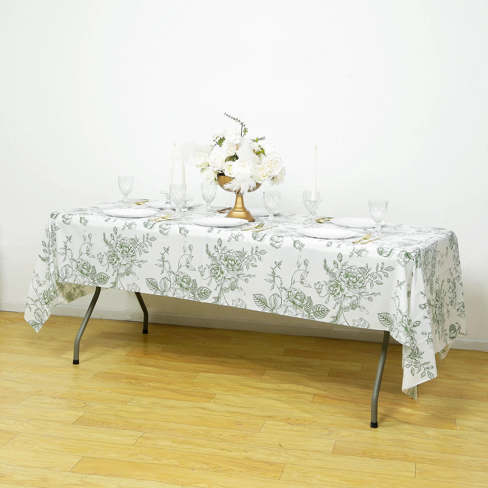 5-Pack Rectangular Plastic Tablecloths 54"x108" – White with Sage Green French Toile Pattern, PVC Waterproof Disposable Covers - Image 6