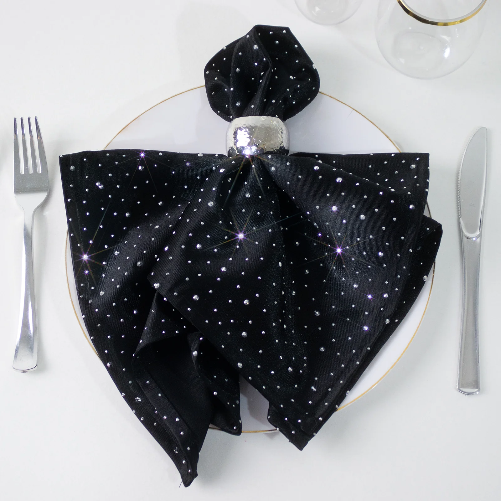 5-Pack Scuba Polyester Napkins with Rhinestone Accents – Black 20"x20" Wrinkle-Free Reusable Cloth Napkins - Image 3