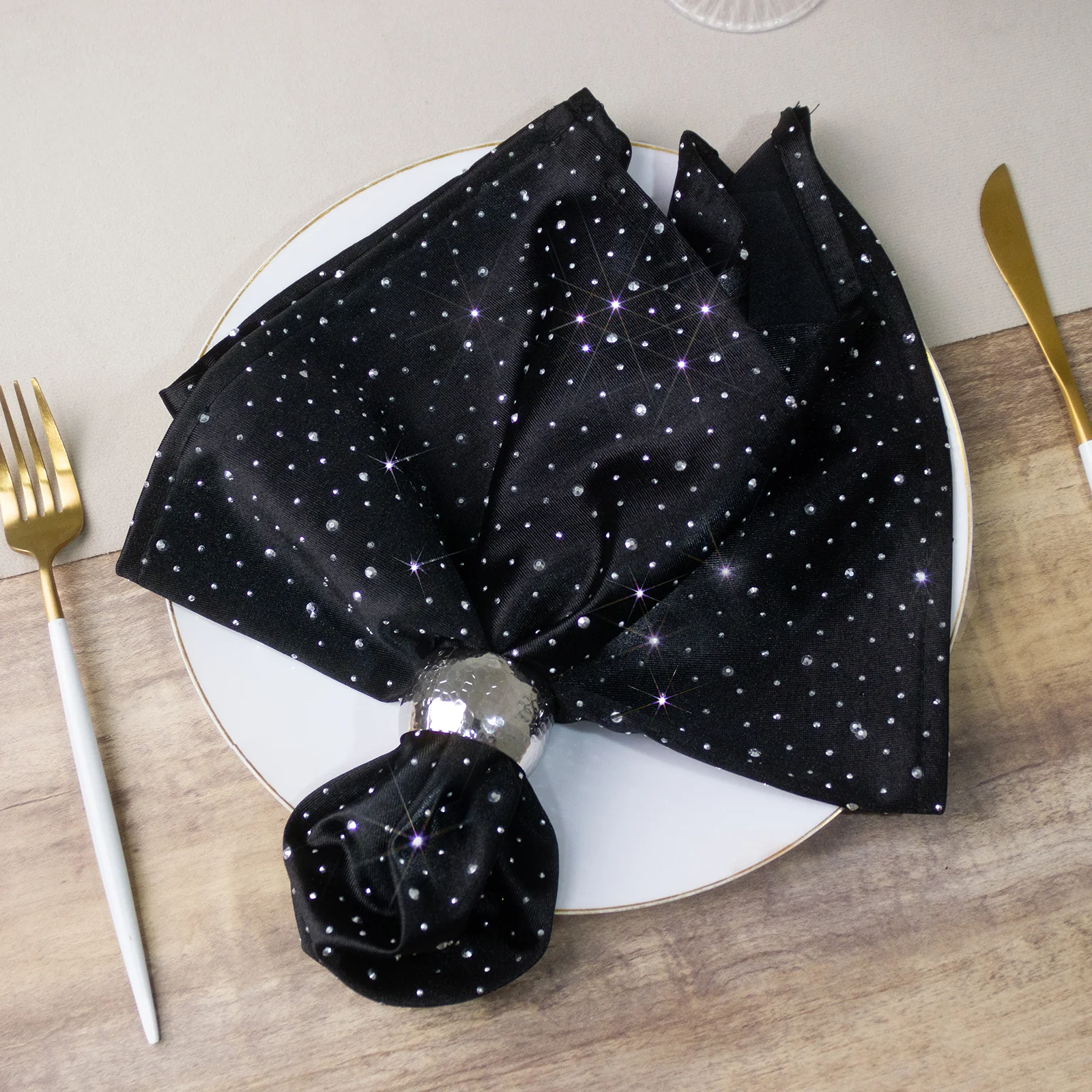 5-Pack Scuba Polyester Napkins with Rhinestone Accents – Black 20"x20" Wrinkle-Free Reusable Cloth Napkins - Image 4