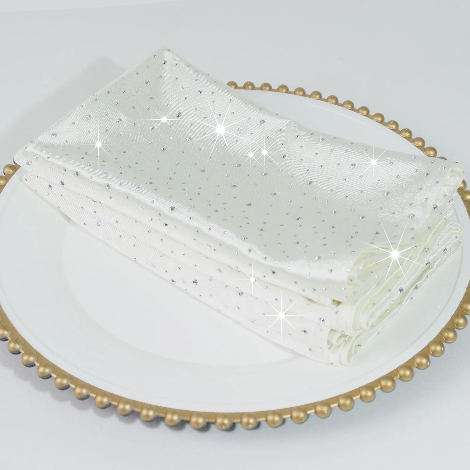 5-Pack Scuba Polyester Napkins with Rhinestone Accents – Pearl White 20"x20" Wrinkle-Free Reusable Cloth Napkins