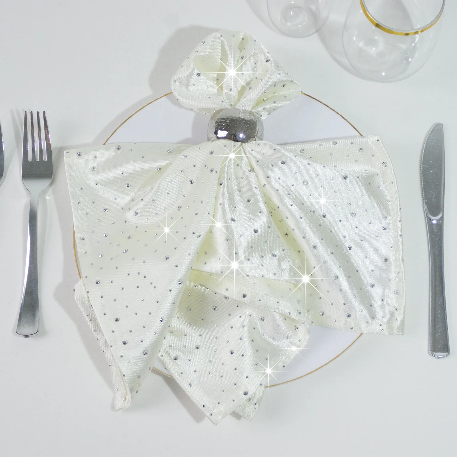 5-Pack Scuba Polyester Napkins with Rhinestone Accents – Pearl White 20"x20" Wrinkle-Free Reusable Cloth Napkins - Image 4