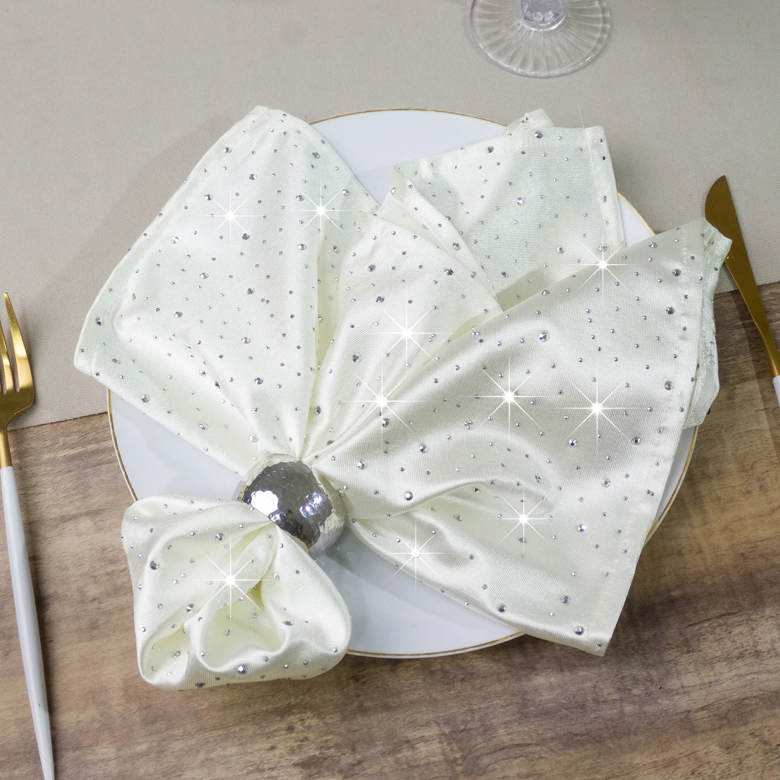 5-Pack Scuba Polyester Napkins with Rhinestone Accents – Pearl White 20"x20" Wrinkle-Free Reusable Cloth Napkins - Image 5