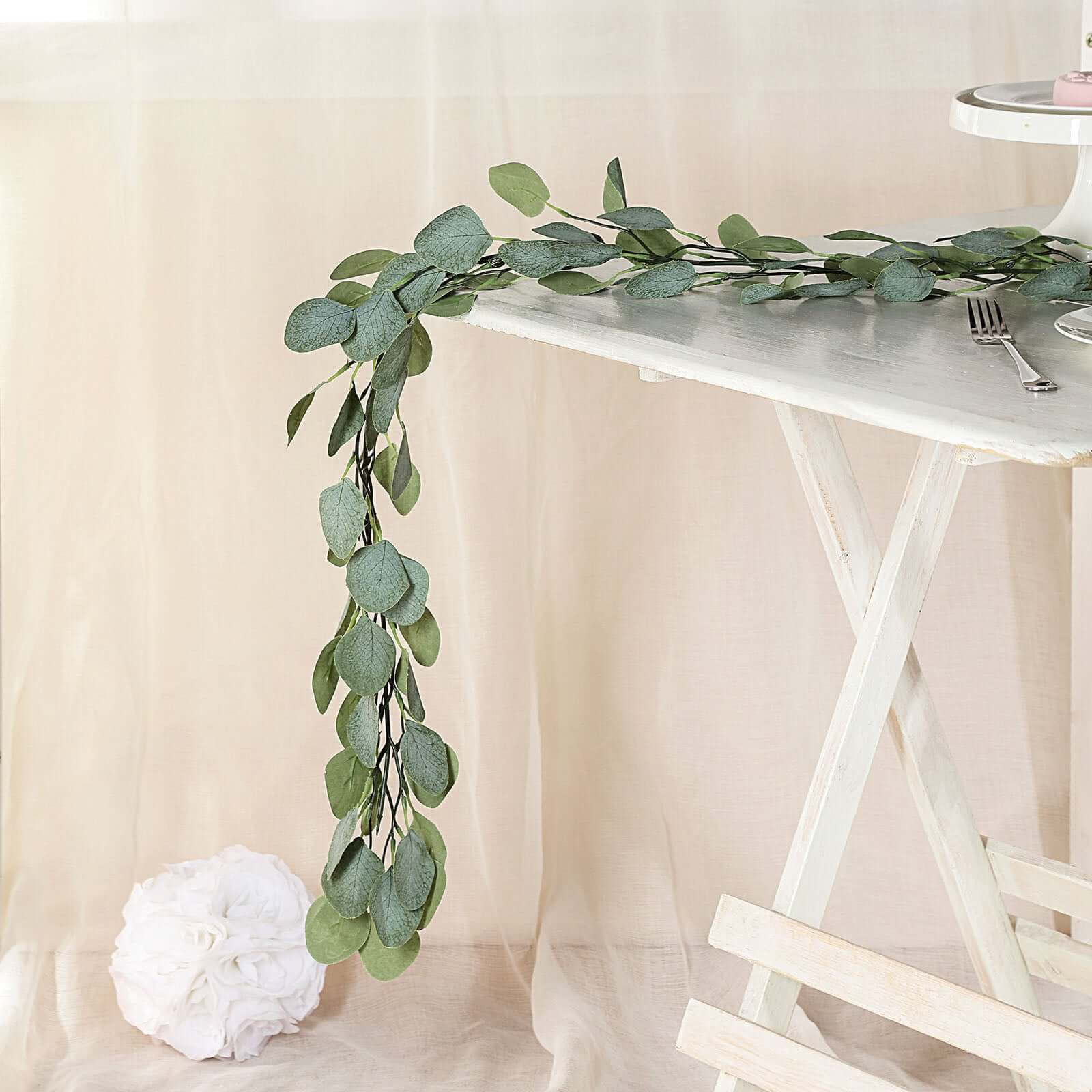 Frosted Green Artificial Silk Eucalyptus Leaf Garland Vine 6.5ft - Image 7