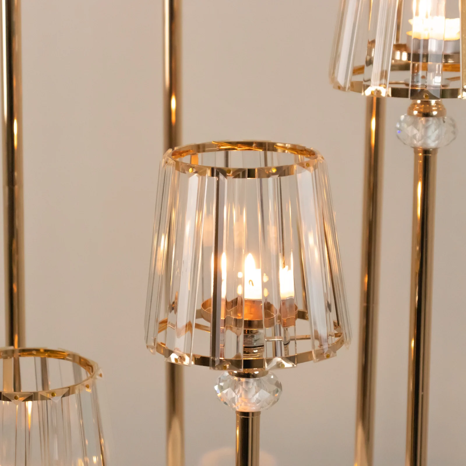 6-Arm Crystal Pendant Cluster Candelabra Candle Holder, 4ft Gold Metal Candle Stand with Round Base - Image 7