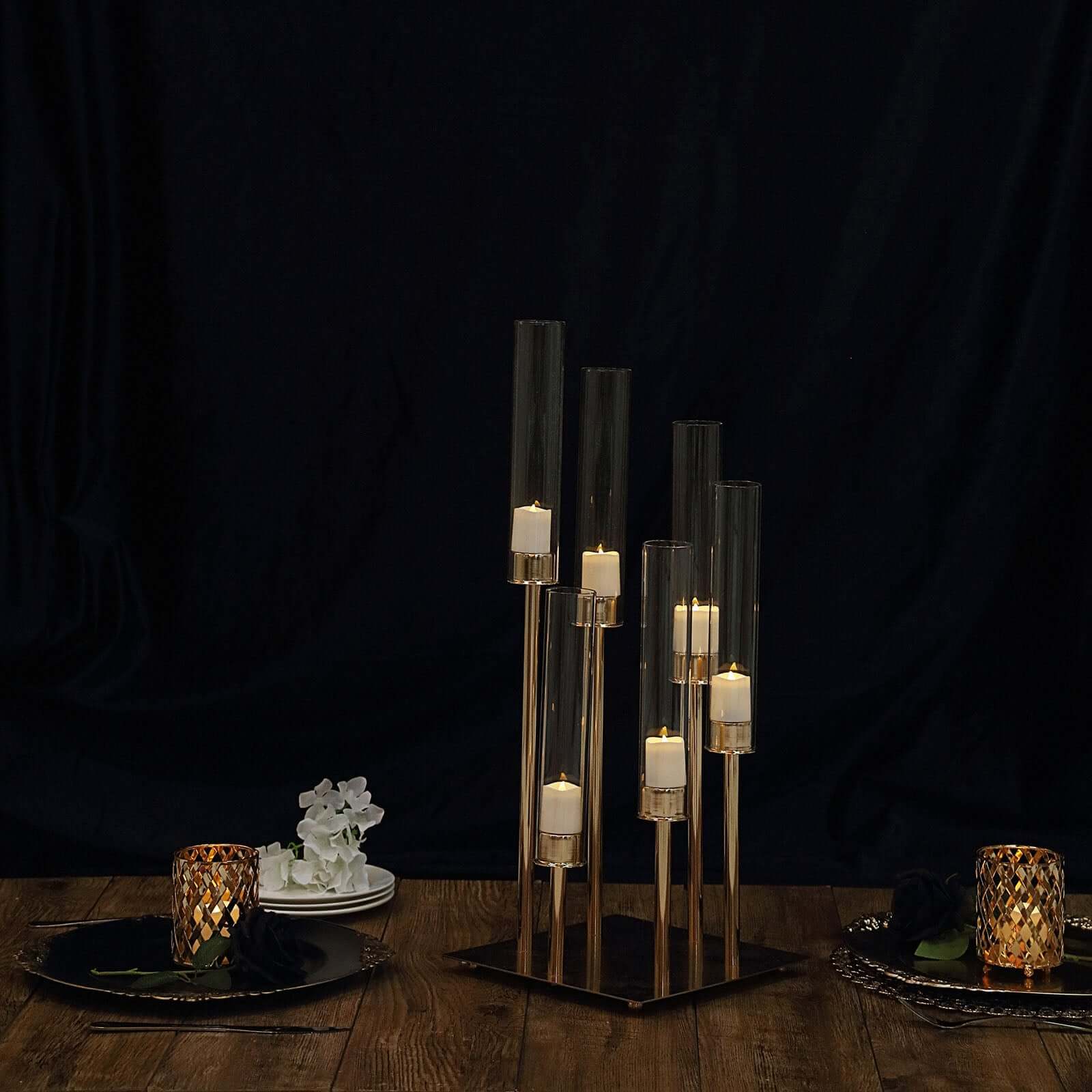6-Arm Gold Cluster Taper Candle Holder with Clear Glass Shades 24" - Chic Candle Arrangement for Intimate Events - Image 2