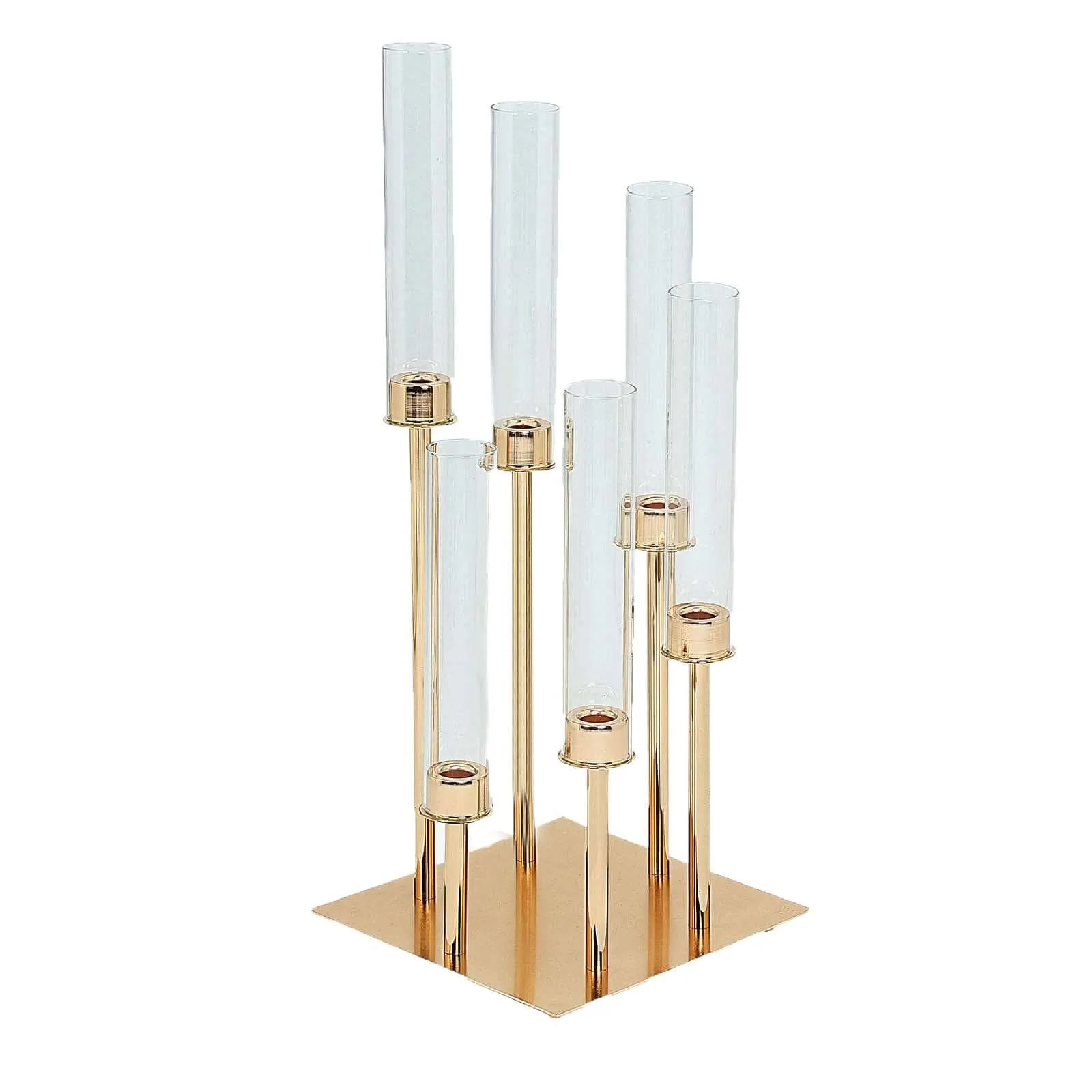 6-Arm Gold Cluster Taper Candle Holder with Clear Glass Shades 24" - Chic Candle Arrangement for Intimate Events - Image 6